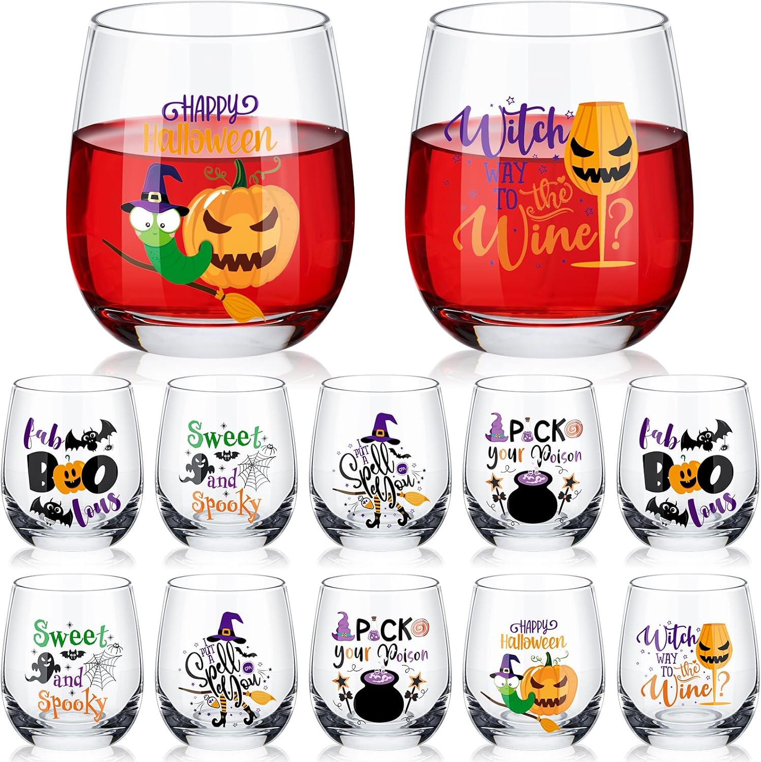 12 copas de vino de Halloween de 12 onzas, copas de vino de brujas, copa de vino de Halloween, sin tallo, copa de vidrio para fiesta de Halloween,