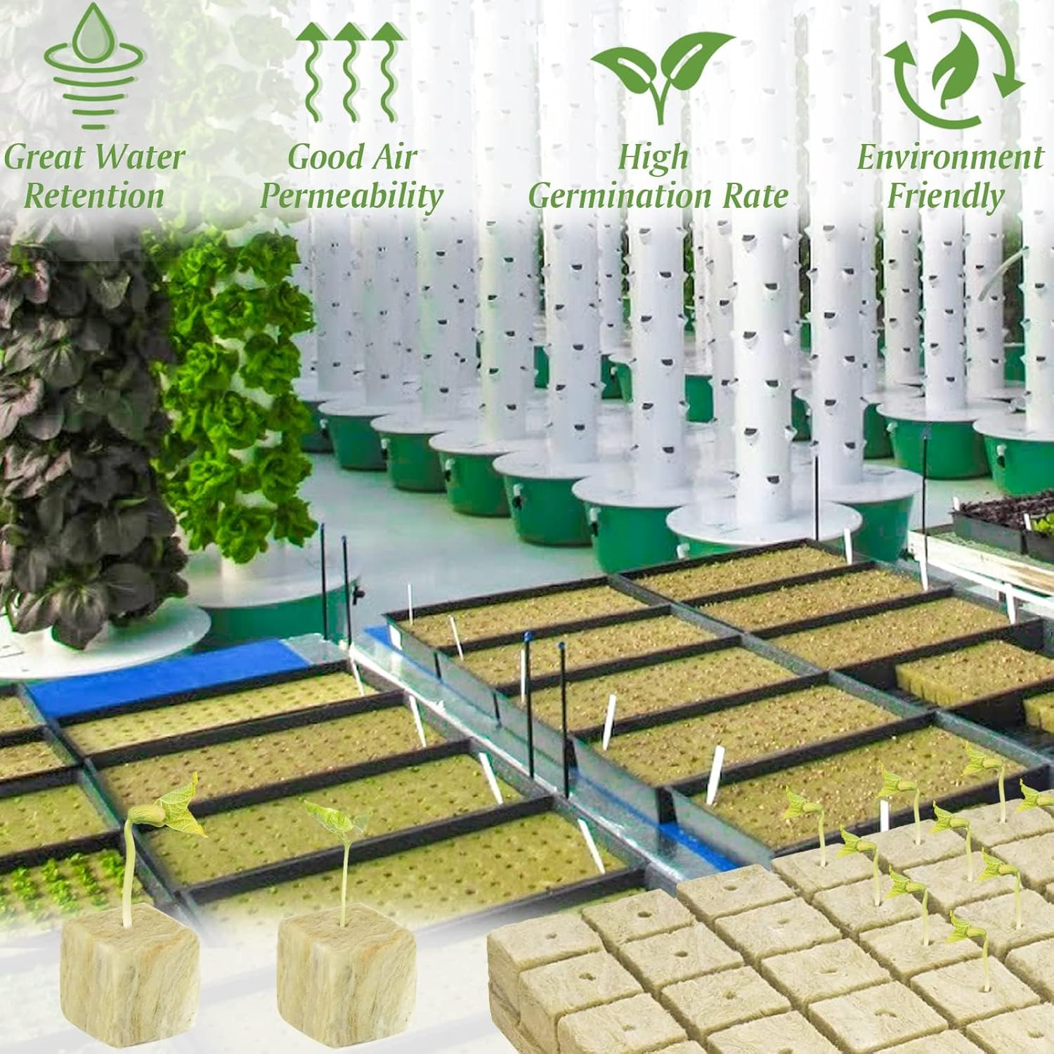 Halatool Cubos de lana de roca de 2 pulgadas para jardín, cubos de cultivo de lana de roca, tapones para cultivo hidropónico, sin suelo, esquejes,