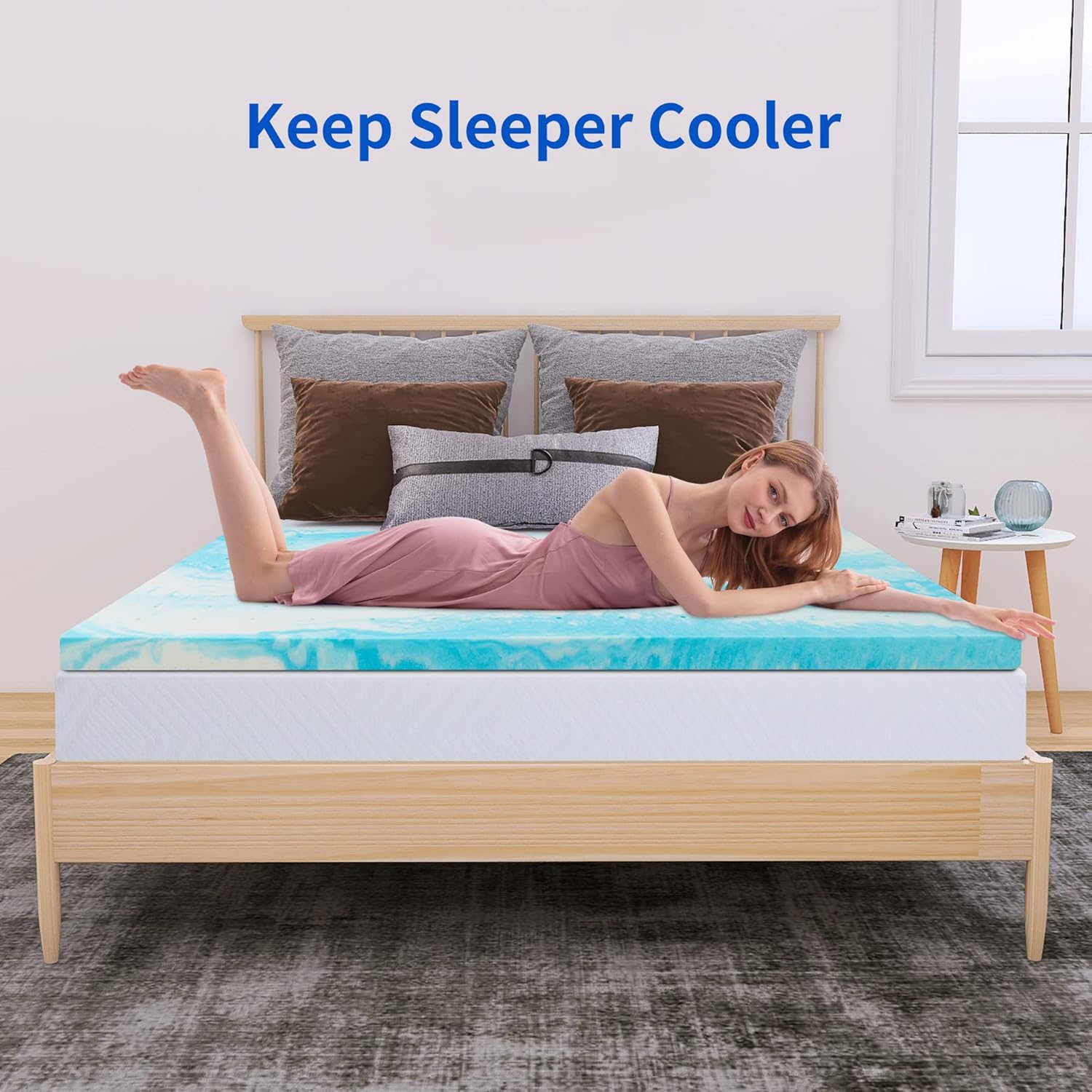 Cubrecolchón de espuma viscoelástica de gel refrescante de 2 pulgadas, tamaño Queen, alivio de presión, cama en una caja, certificado CertiPUR-US