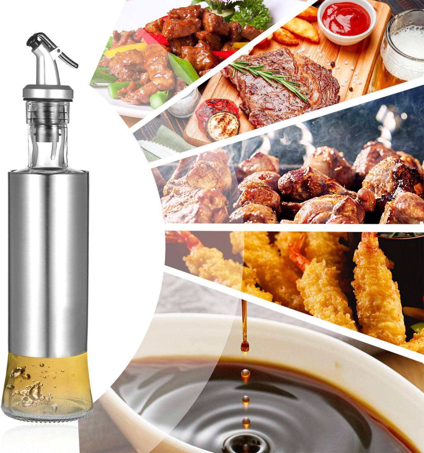 Dispensador de aceite de oliva y botella de acero inoxidable, rociador de vinagre y aceite con vertedor sin goteo boquilla para cocina, 10 onzas