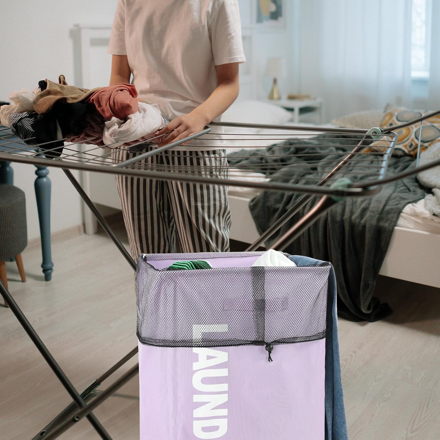 Surblue Cesta para la ropa sucia delgada con ruedas, cesta plegable para la ropa sucia con asa, contenedores de almacenamiento en las esquinas del