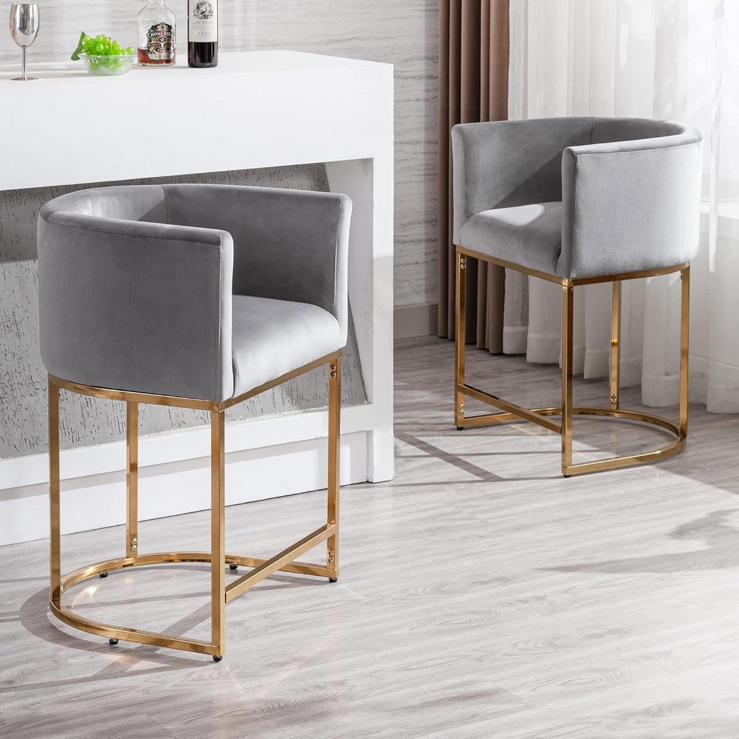 Taburete tapizado de tela de terciopelo moderno, taburete de isla de cocina de 24 pulgadas con marco de metal con acabado dorado, gris