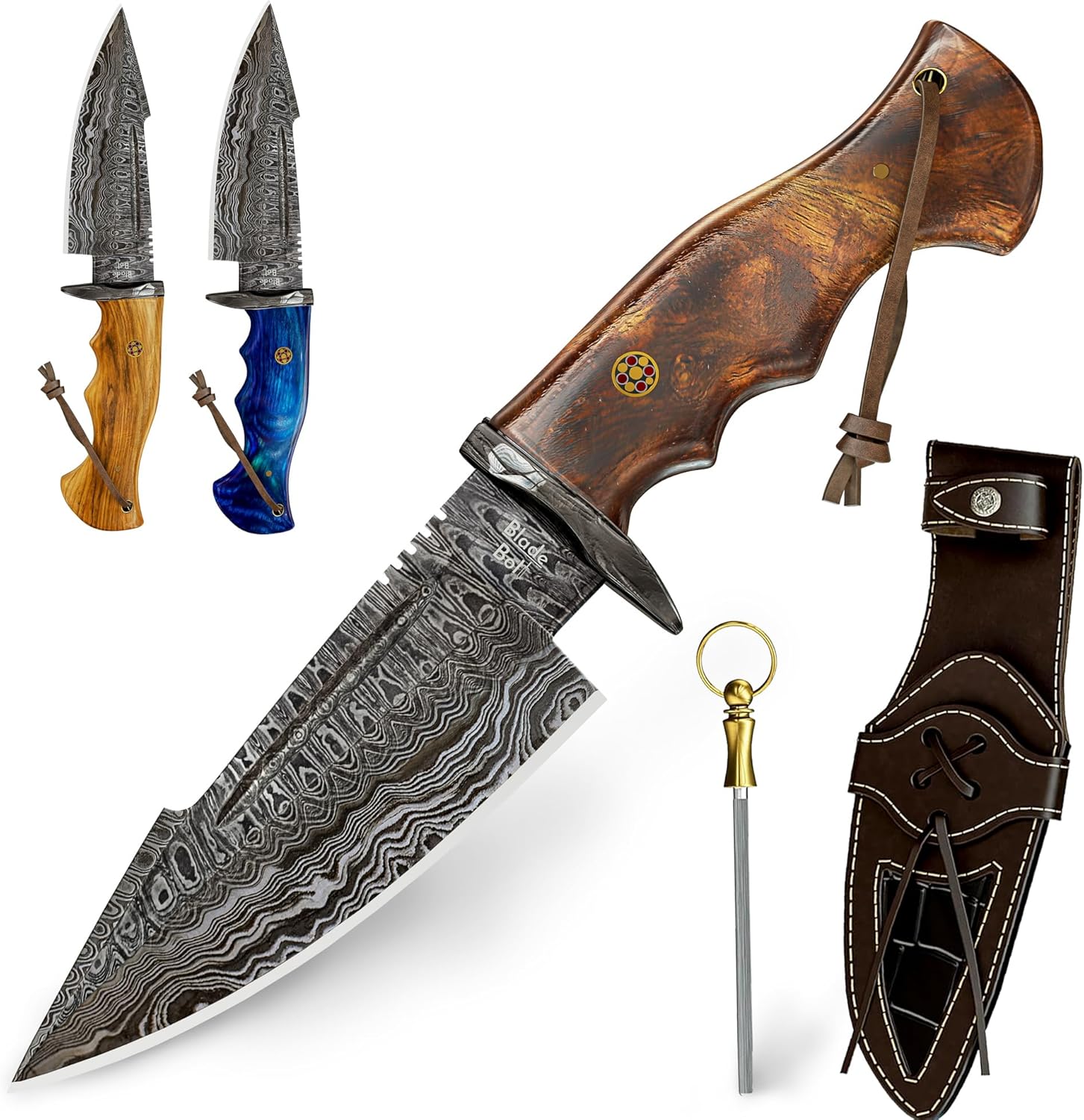 Cuchillo de caza de Damasco hecho a mano de 10 pulgadas con funda  Cuchillos de caza de hoja fija para hombres  Cuchillo EDC de hoja fija con mango