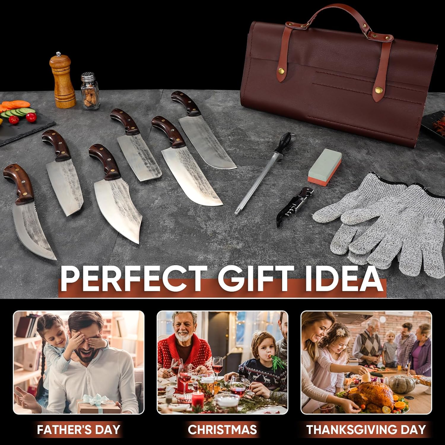 TIJERAS Juego de cuchillos de carnicero de 14 piezas para cortar carne, juego de cuchillos de chef japonés de primera calidad con bolsa para