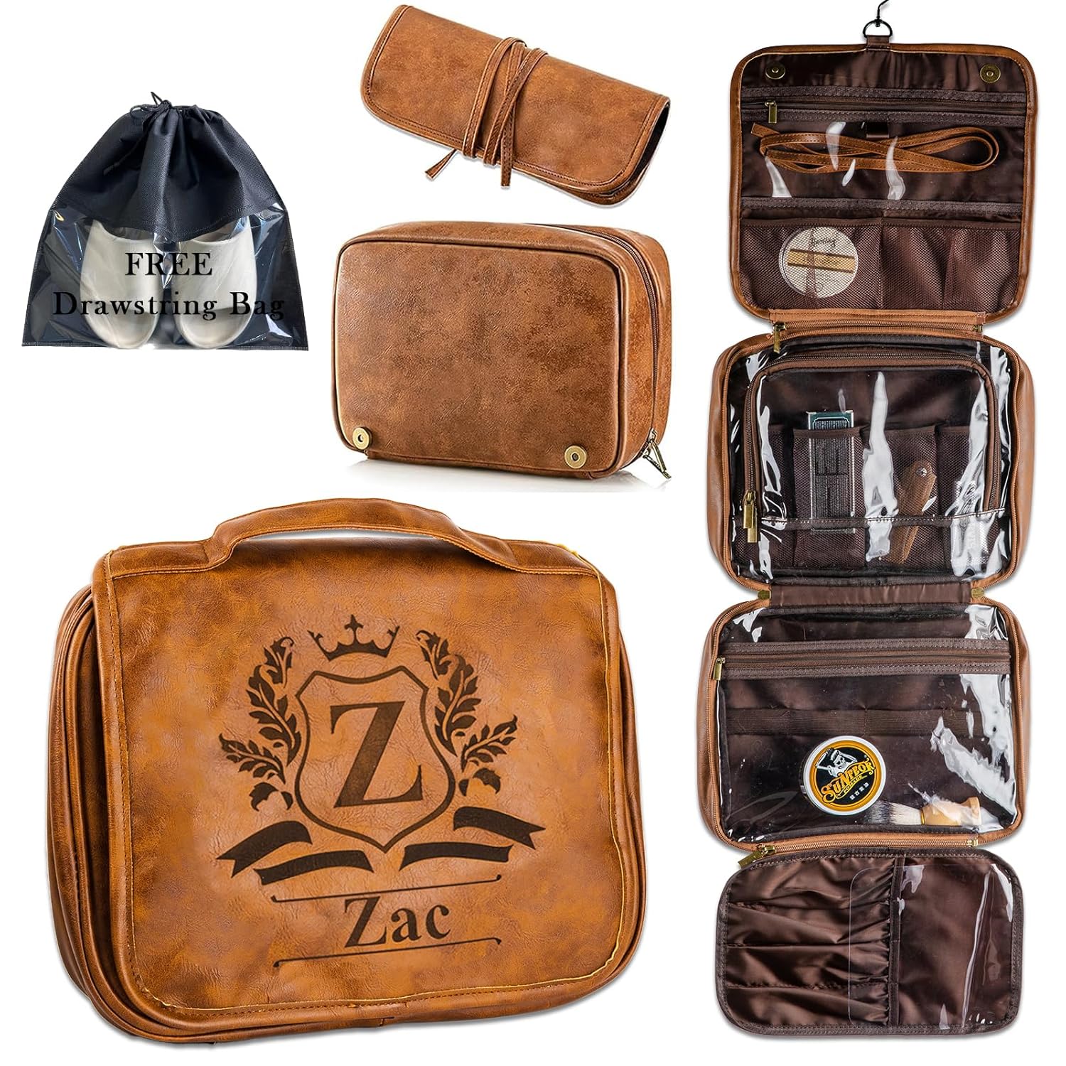 3-in-1 Large Personalized PU Leather Toiletry Bag For Men, Custom Groomsmen Gifts Hanging Travel Organizer Bag, Laser Engraved Name Monogram Shaving