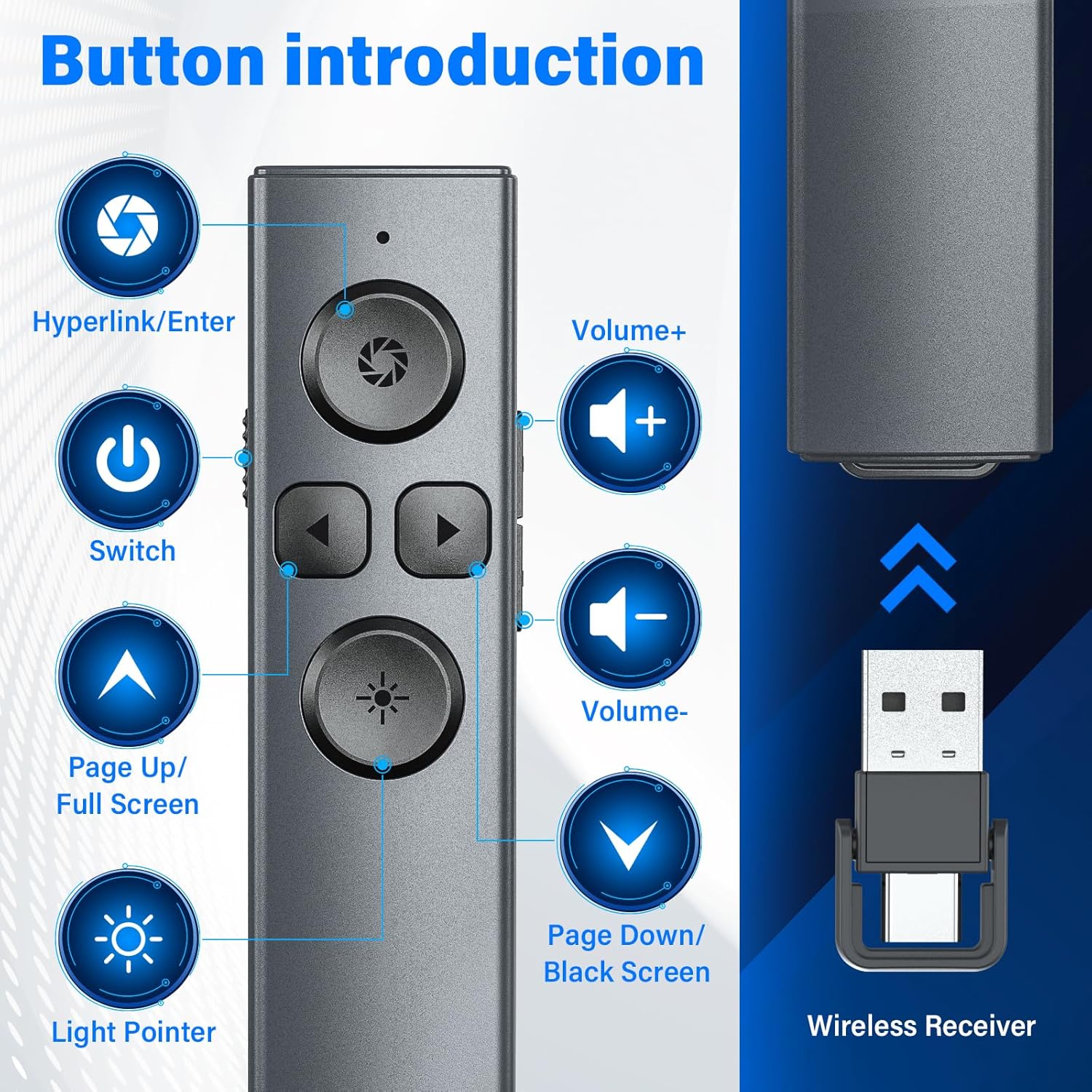 Clicker de presentación USB tipo C 2 en 1, control remoto inalámbrico recargable, clicker para presentaciones de PowerPoint, puntero para
