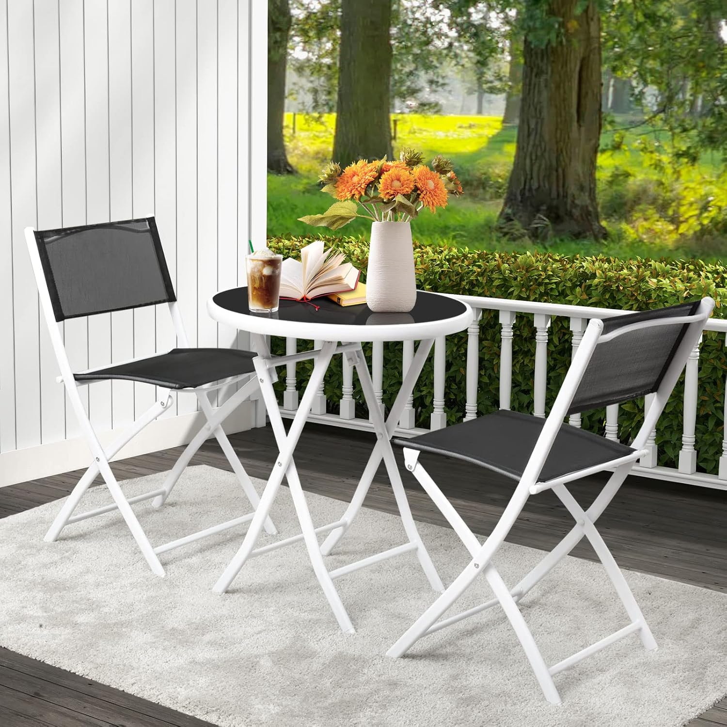 HAPPYGRILL Juego de 3 piezas de bistró plegable para patio, juego de silla y mesa plegable al aire libre con tela transpirable, mesa de vidrio