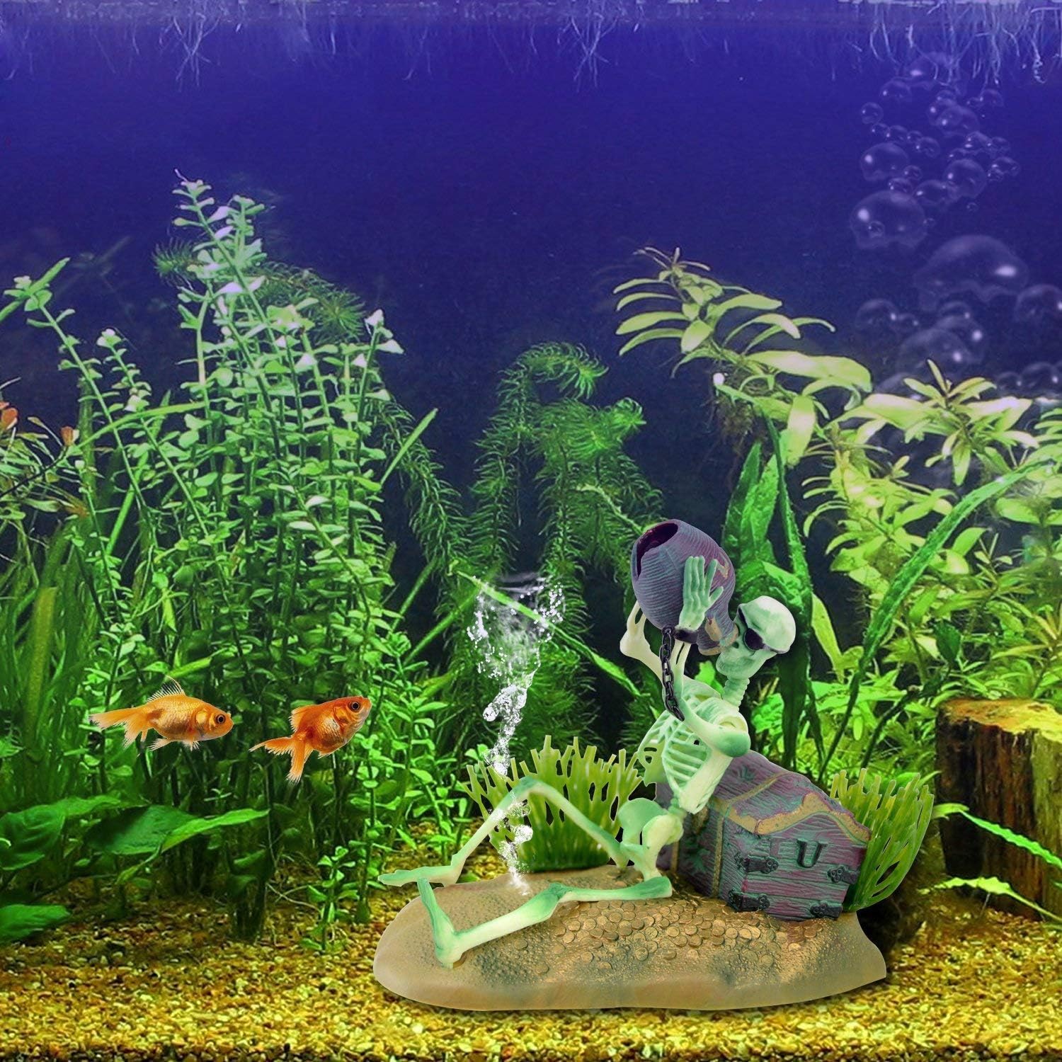 Saim Esqueletos de pirata borracho para acuario, decoraciones de burbujeantes, refugio de cuevas doradas, accesorios de pecera para decoraciones de