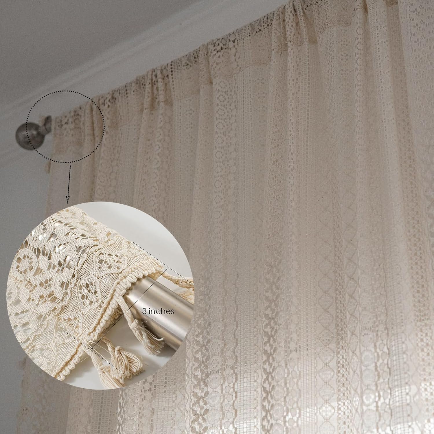 Cortinas de algodón de ganchillo de 72 pulgadas de largo, 2 paneles de 72 pulgadas de largo, con bolsillo para barra, cortinas traslúcidas de