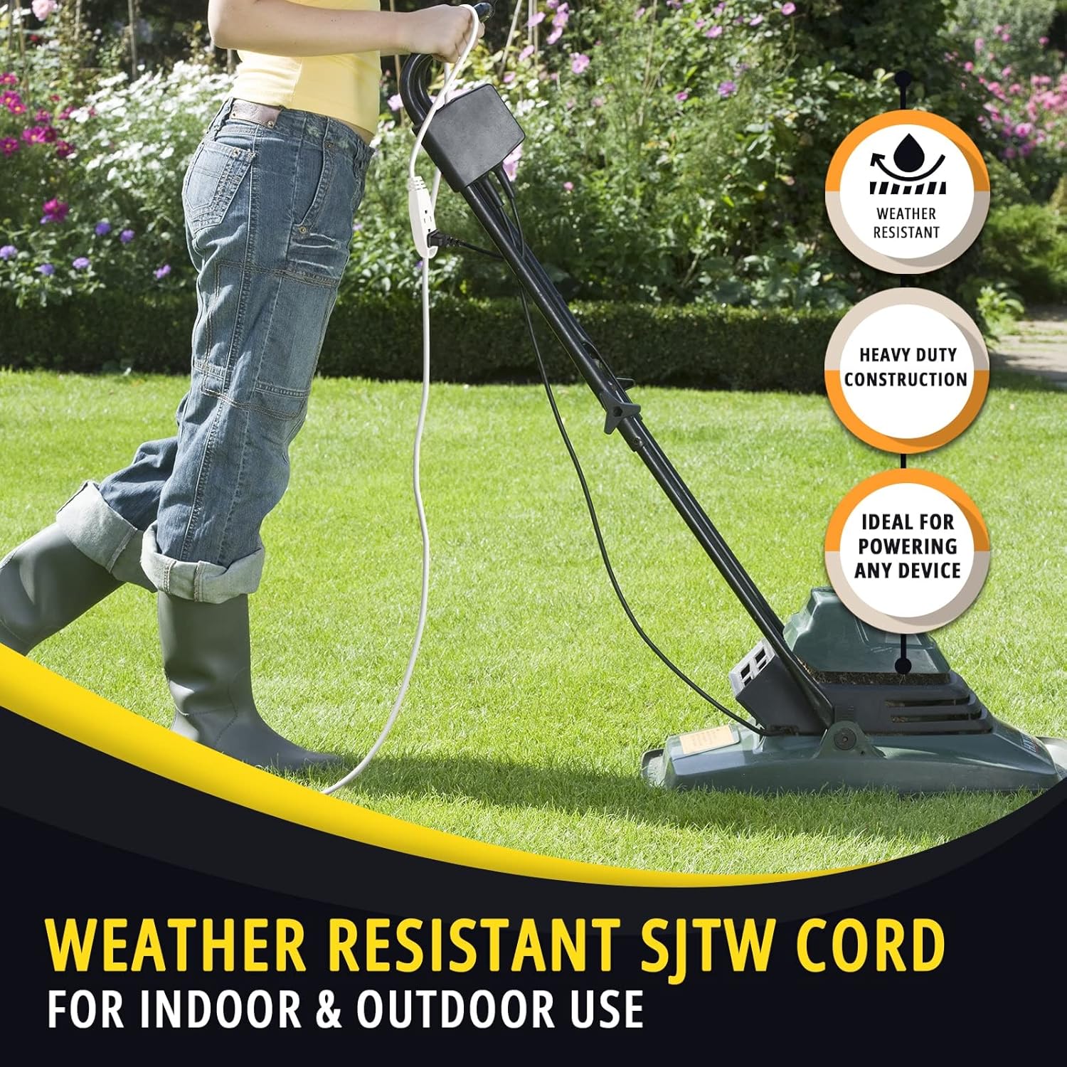 Cable de extensión de 3 tomas de corriente SJTW para uso en interiores y exteriores, con certificación UL, enchufe recto de 3 clavijas, 13 amperios,