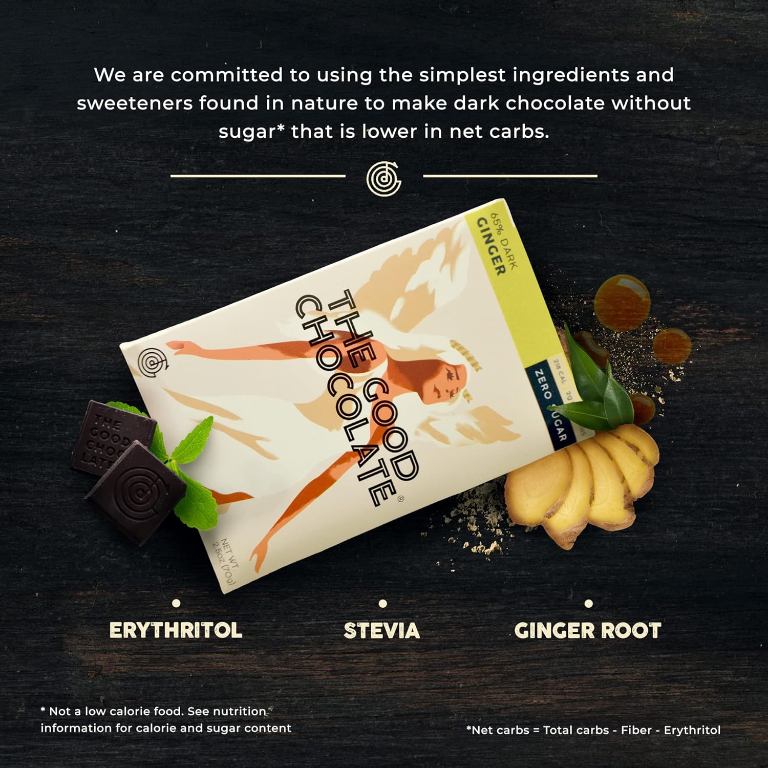 The Good Chocolate – Barras de chocolate con jengibre, cero azúcar, aperitivo de carbohidratos netos más bajos, calorías más bajas, caramelo de