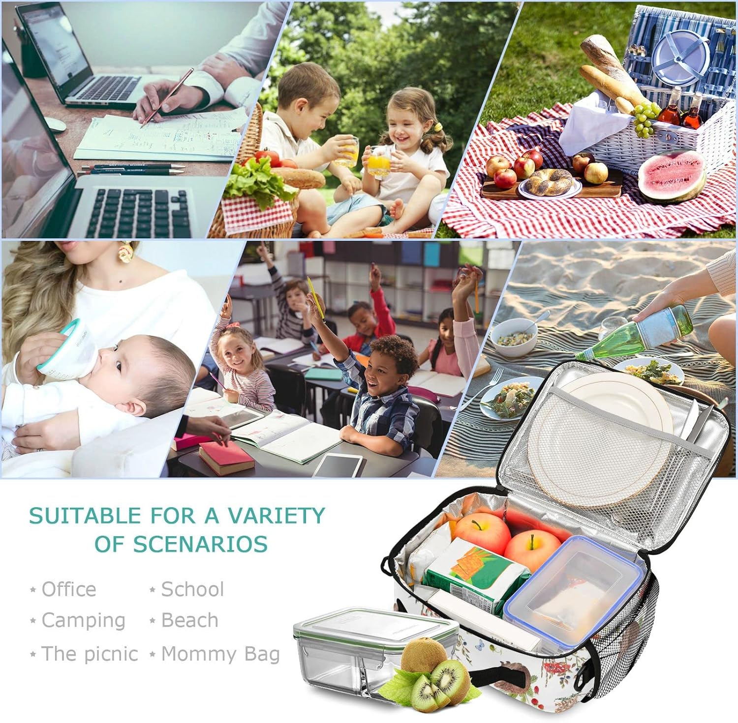 Naanle Bolsa de almuerzo de erizo de otoño en acuarela con correa ajustable para el hombro, aislada, a prueba de fugas, caja de picnic, doble