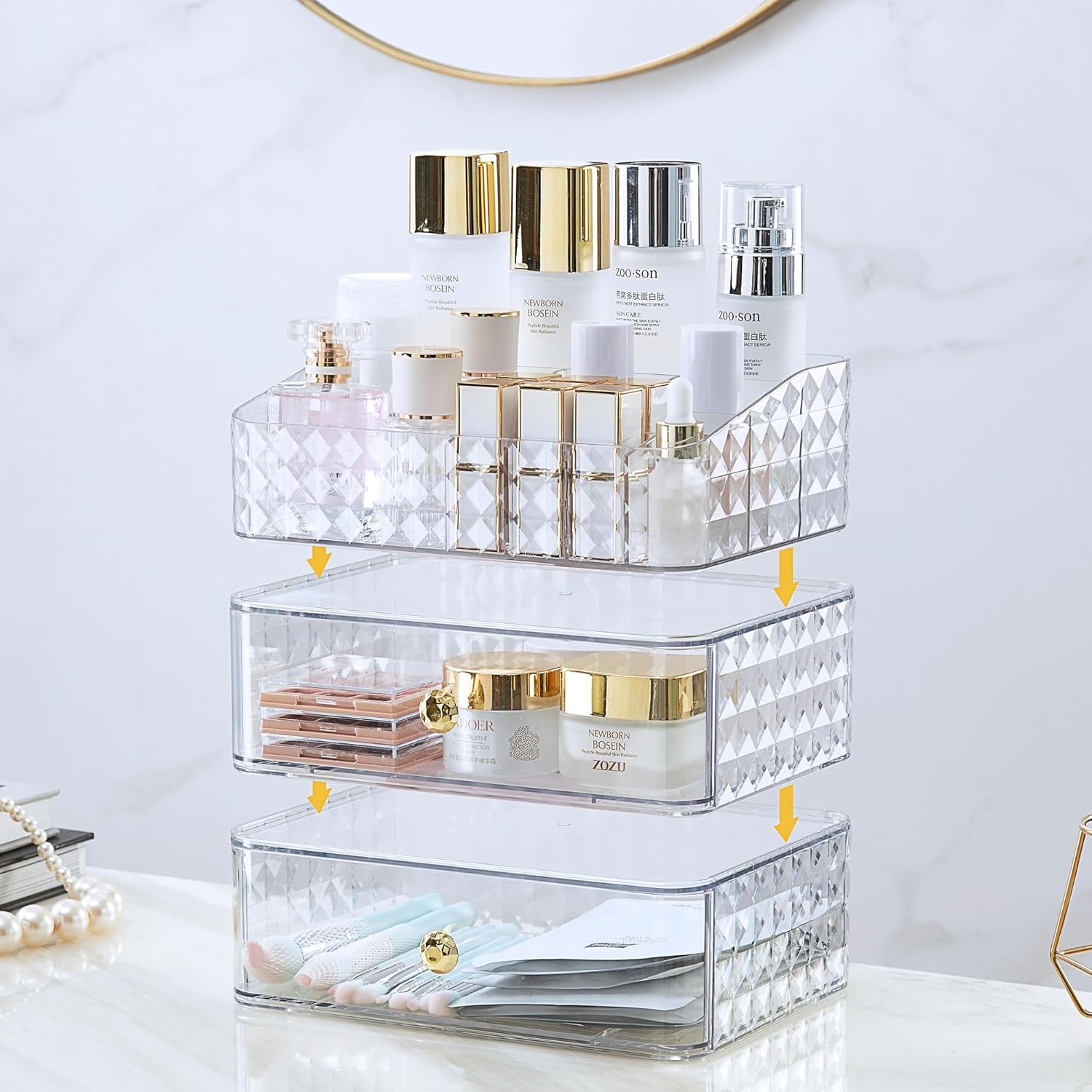 Organizador de maquillaje de 3 niveles para tocador, 9.52 pulgadas de largo x 6.85 pulgadas de ancho x 9.44 pulgadas de alto, organizador de
