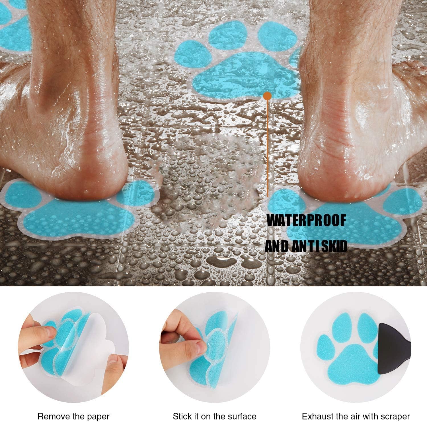 12 pegatinas antideslizantes para bañera, antideslizantes, para huellas de perro, para duchas de seguridad, con 1 rascador para bañera, ducha,