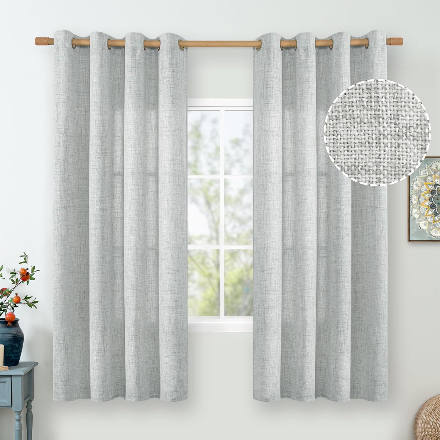 Cortinas de lino de 63 pulgadas de largo para ventana de dormitoriocomedor, filtrado de luz, arpillera gruesa semitransparente, no se transparenta,