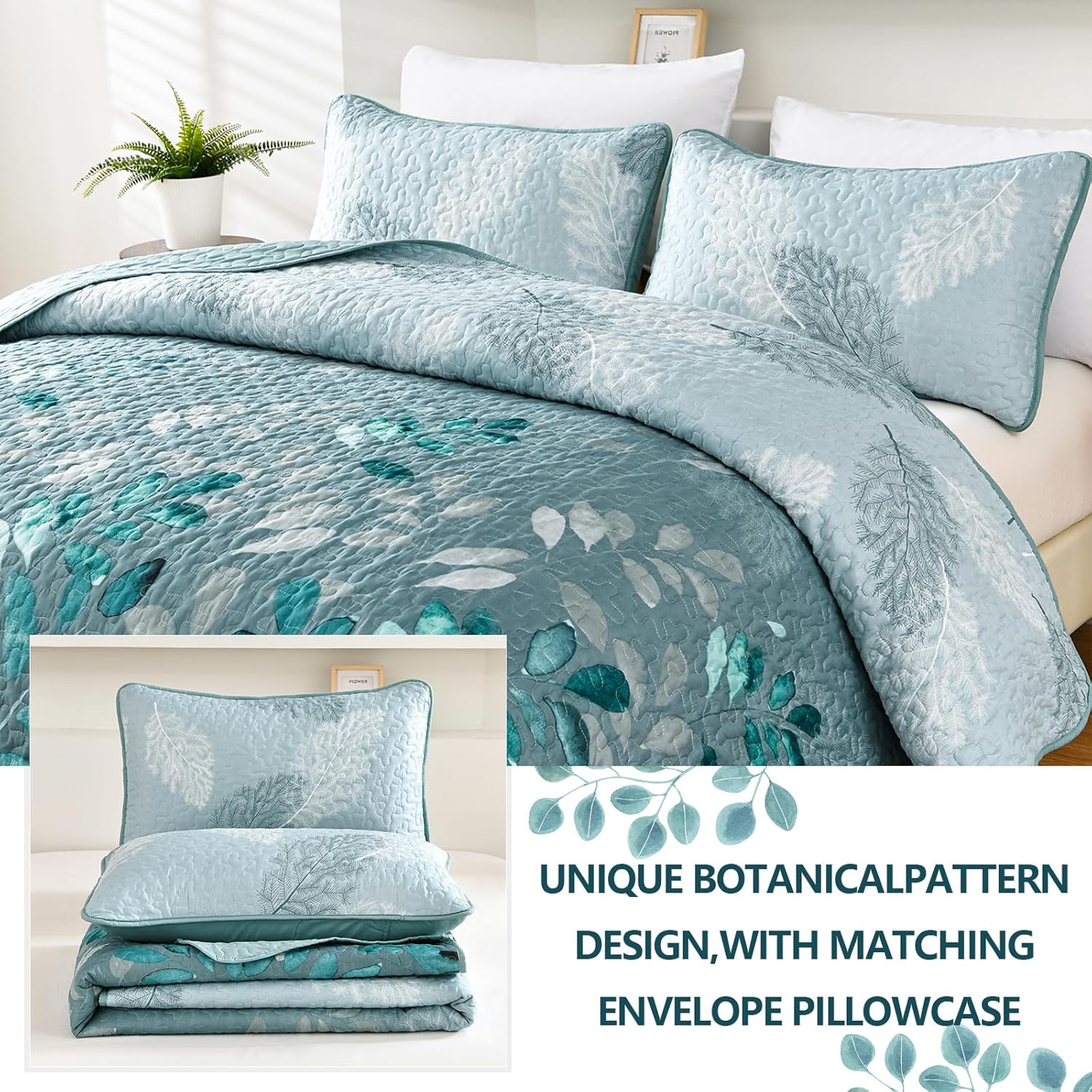 WONGS BEDDING Juego de edredón floral tamaño Queen, juego de colcha de 3 piezas con hojas botancales aguamarina con 2 fundas de almohada para todas