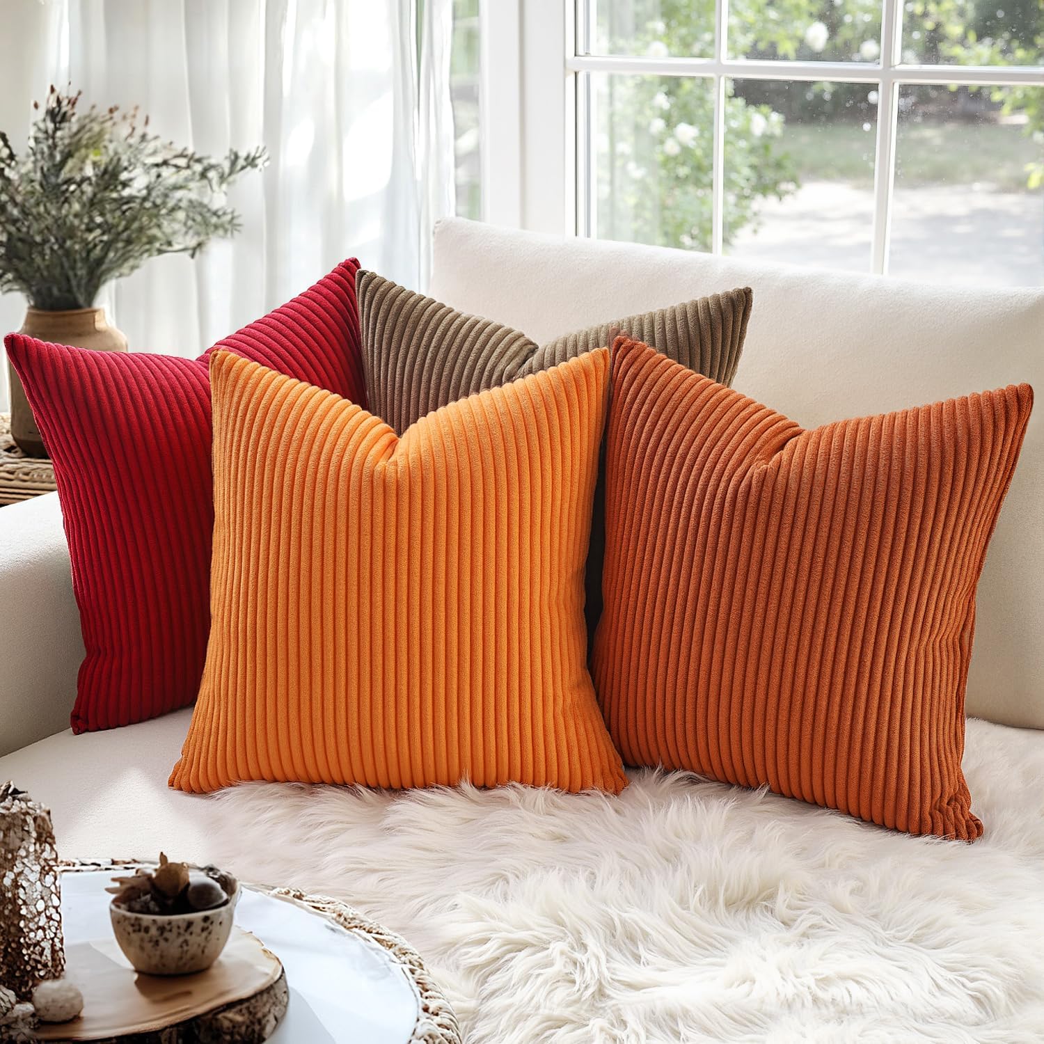 MIULEE Paquete de 2 fundas de almohada naranjas de 12 x 12 pulgadas, suaves fundas de almohada de pana a rayas bohemias decorativas para sofá,