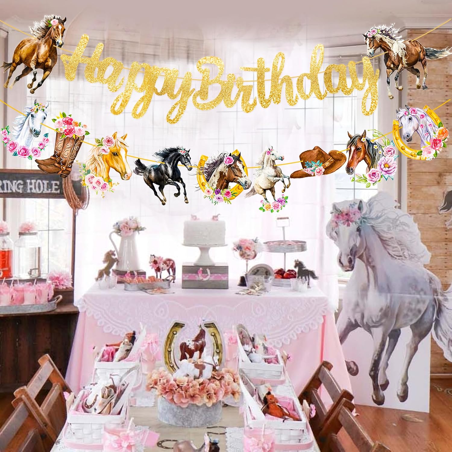 Cartel de feliz cumpleaños de vaquera, suministros para fiesta de cumpleaños de vaquera, suministros con purpurina con temática de vaquera