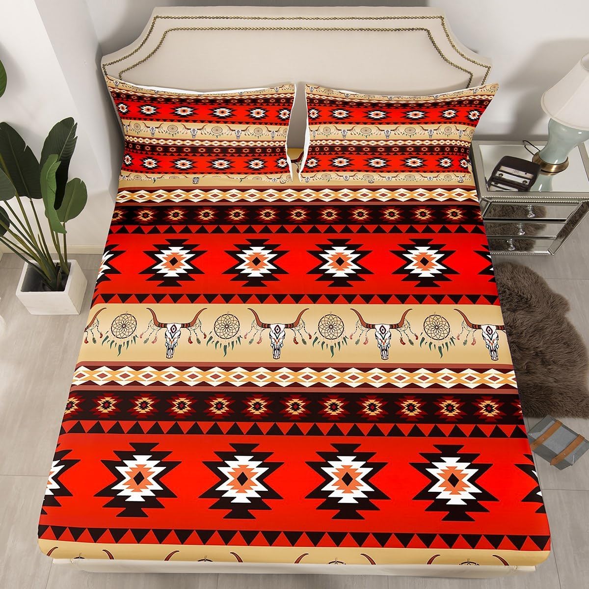 Southwestern – Juego de sábanas tamaño King de vaquero occidental para niños y niñas, diseño de calavera de toro, atrapasueños, decoración de