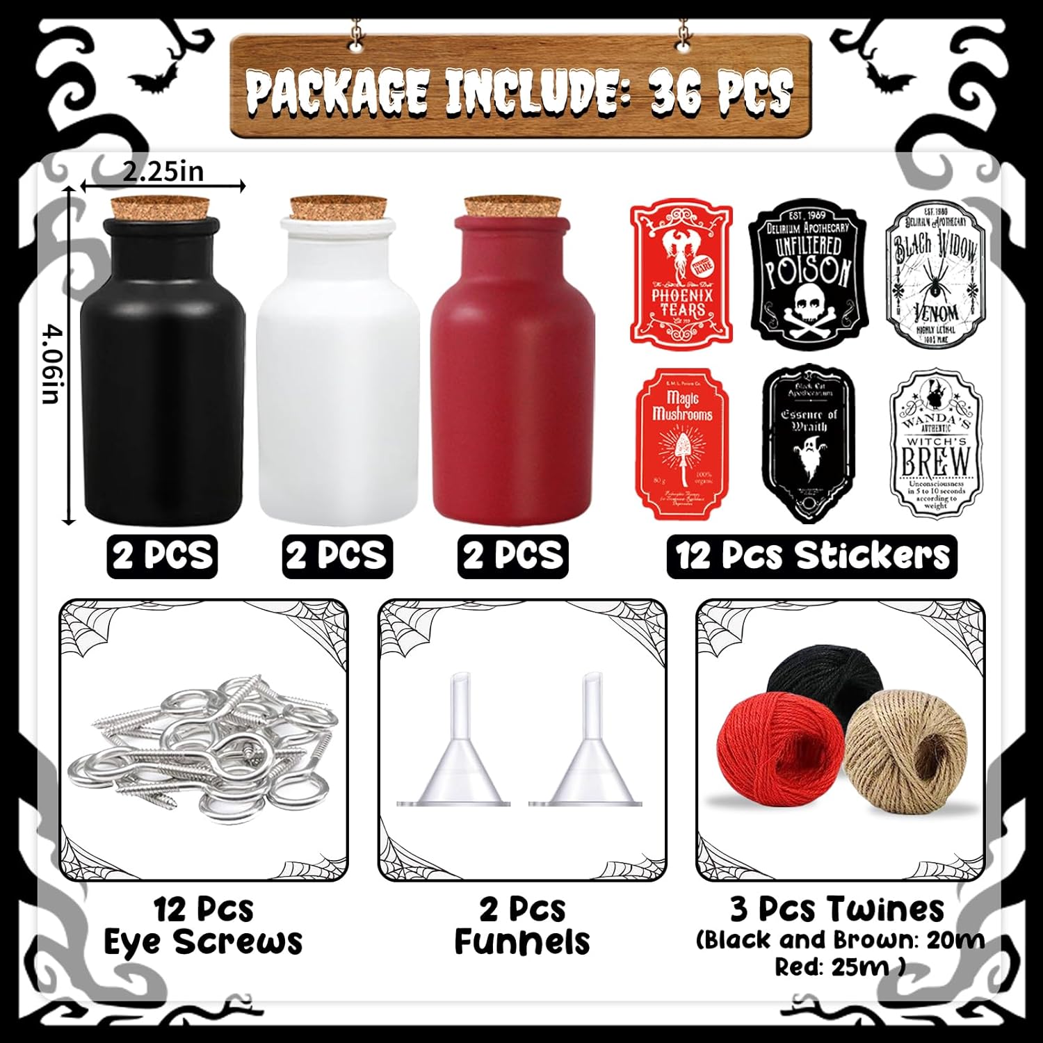 36 piezas de decoraciones de Halloween para interiores, 6 botellas de poción, 12 calcomanías de Halloween para decoración de Halloween, botellas de