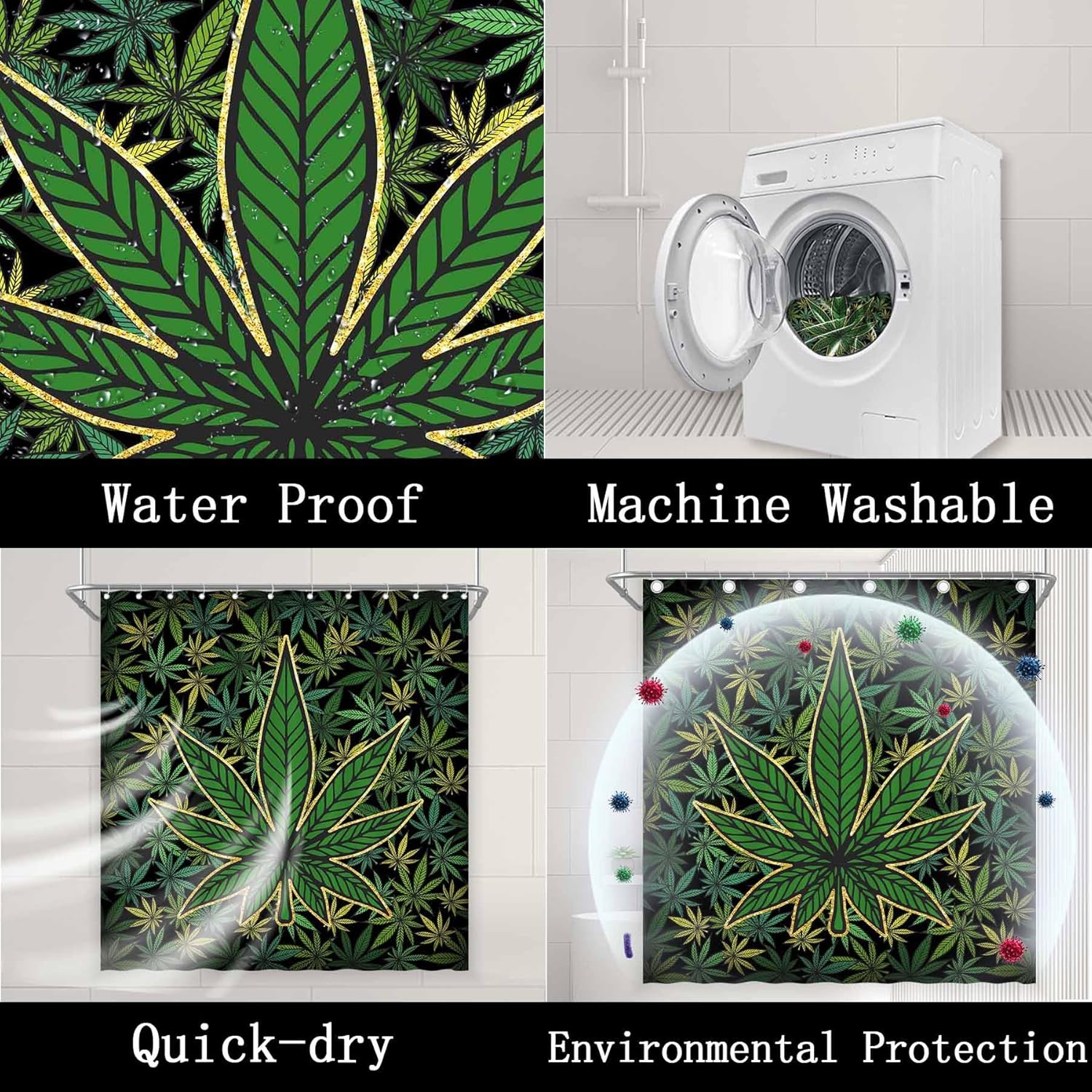 Cortina de ducha de hojas verdes de marihuana para baño, planta de cannabis, impermeable, tela de poliéster, bañeras, decoración del hogar con 12