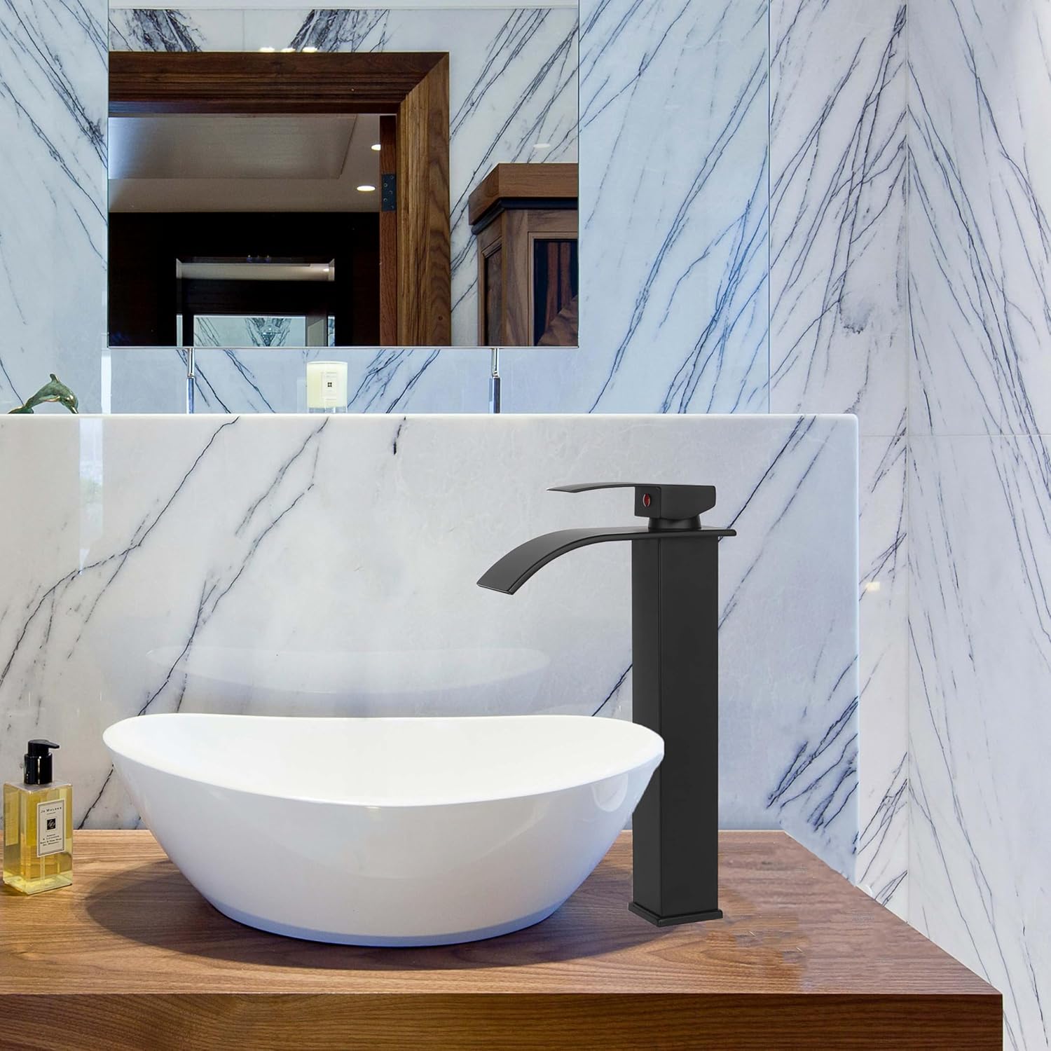 Grifos de baño, grifo de lavabo de cascada, para fregadero de baño, 1 agujero, negro mate, grifo de tocador alto con drenaje combinado de montaje en