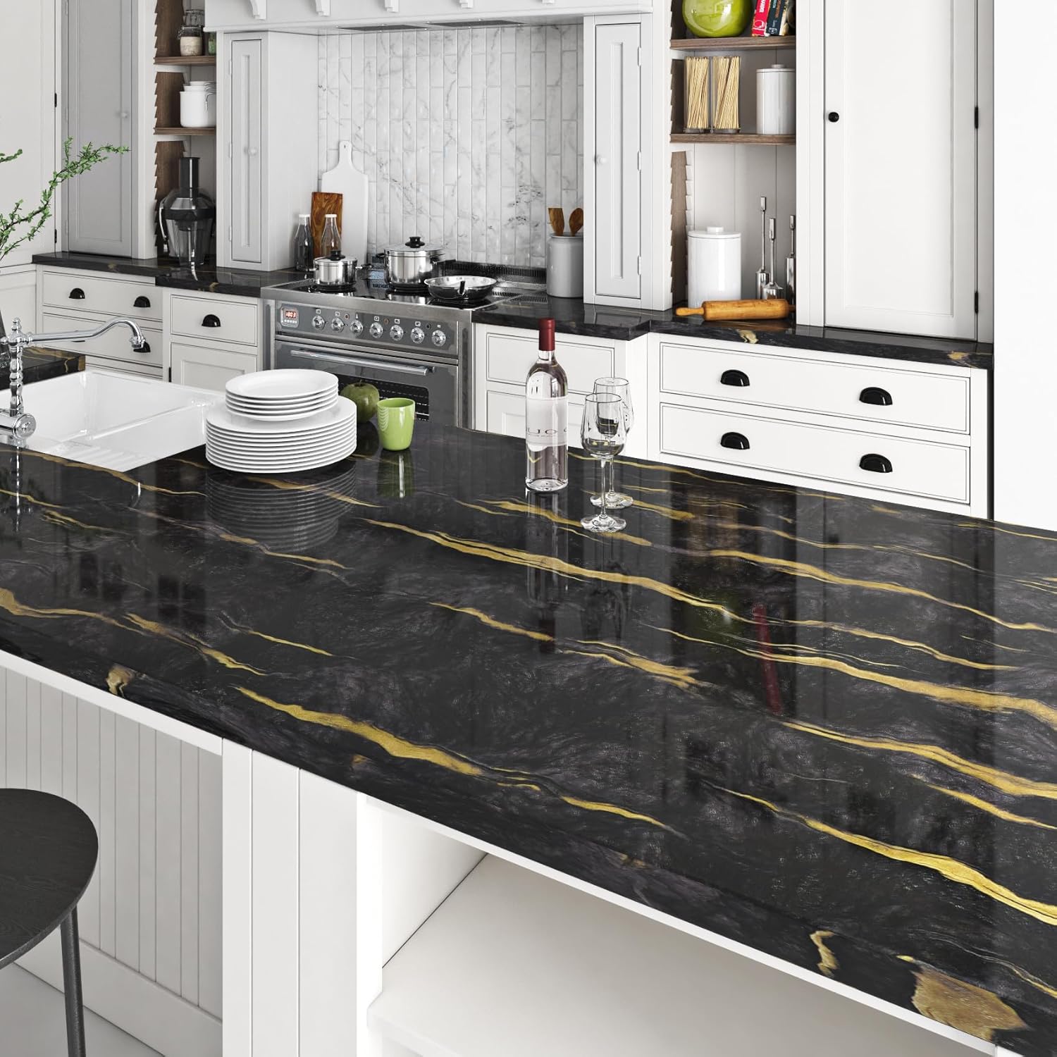Livelynine Papel adhesivo de mármol negro y dorado para encimeras, papel tapiz de mármol impermeable, despegar y pegar, paredes de baño, cubierta de