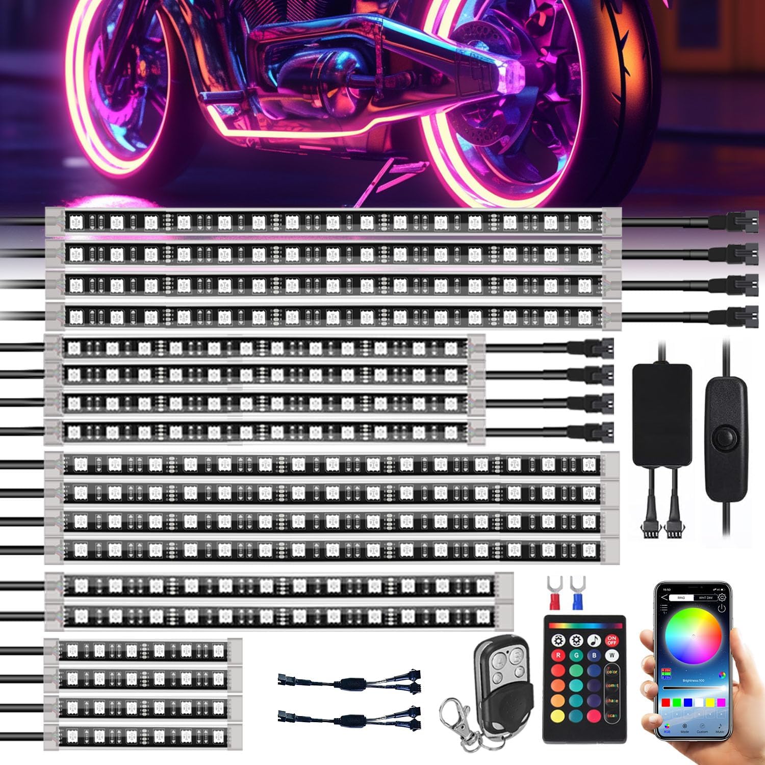 SUNPIE Kit de luces LED para motocicleta con freno y señal de giro, tiras LED multicolor para motocicleta con controles APPIFRF y cables de