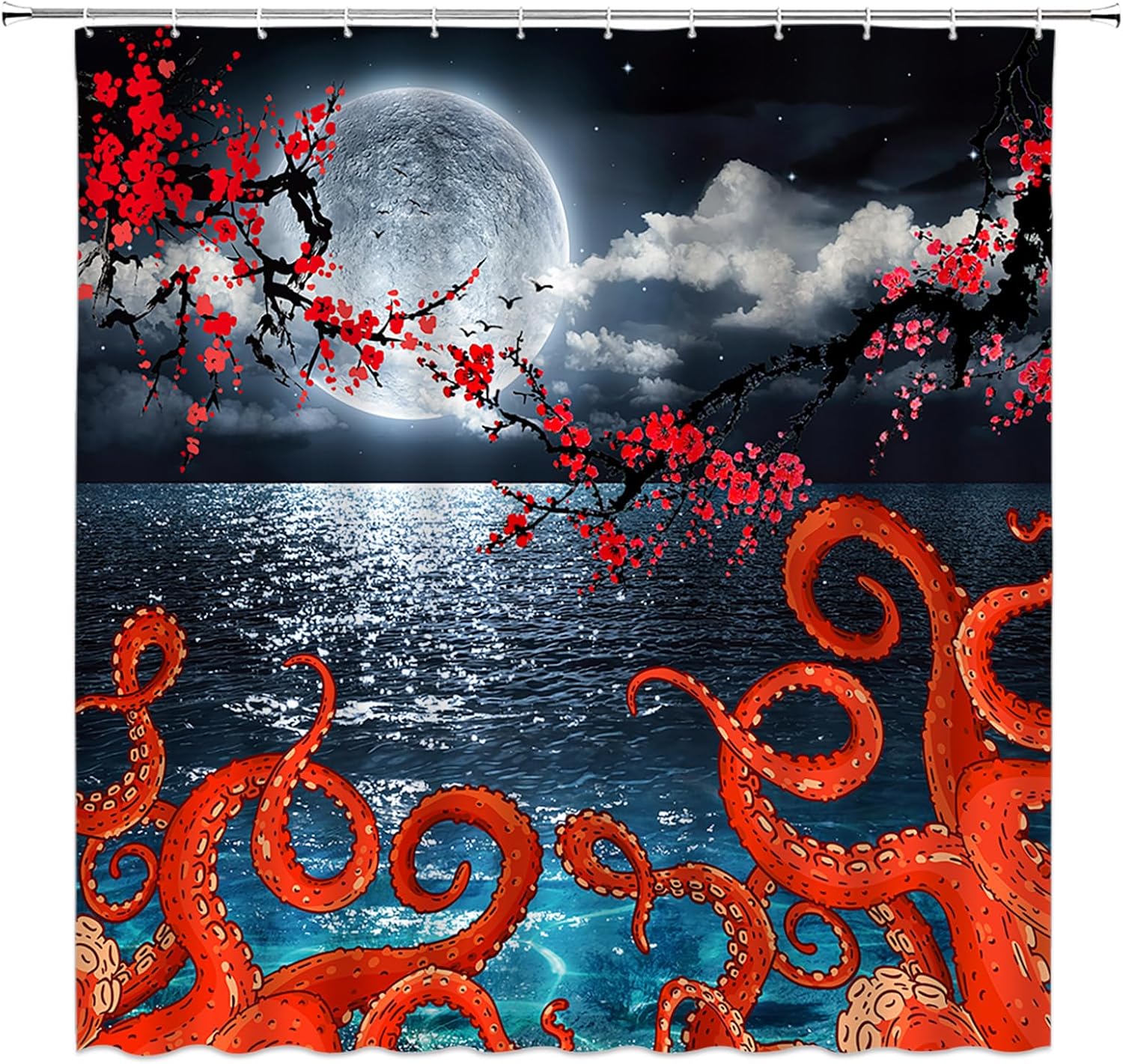AMHNF Cortina de ducha náutica de pulpo, océano azul, luna llena, mar, kraken, rojo, pulpo, tentáculo, flor de cerezo, noche, naturaleza, decoración
