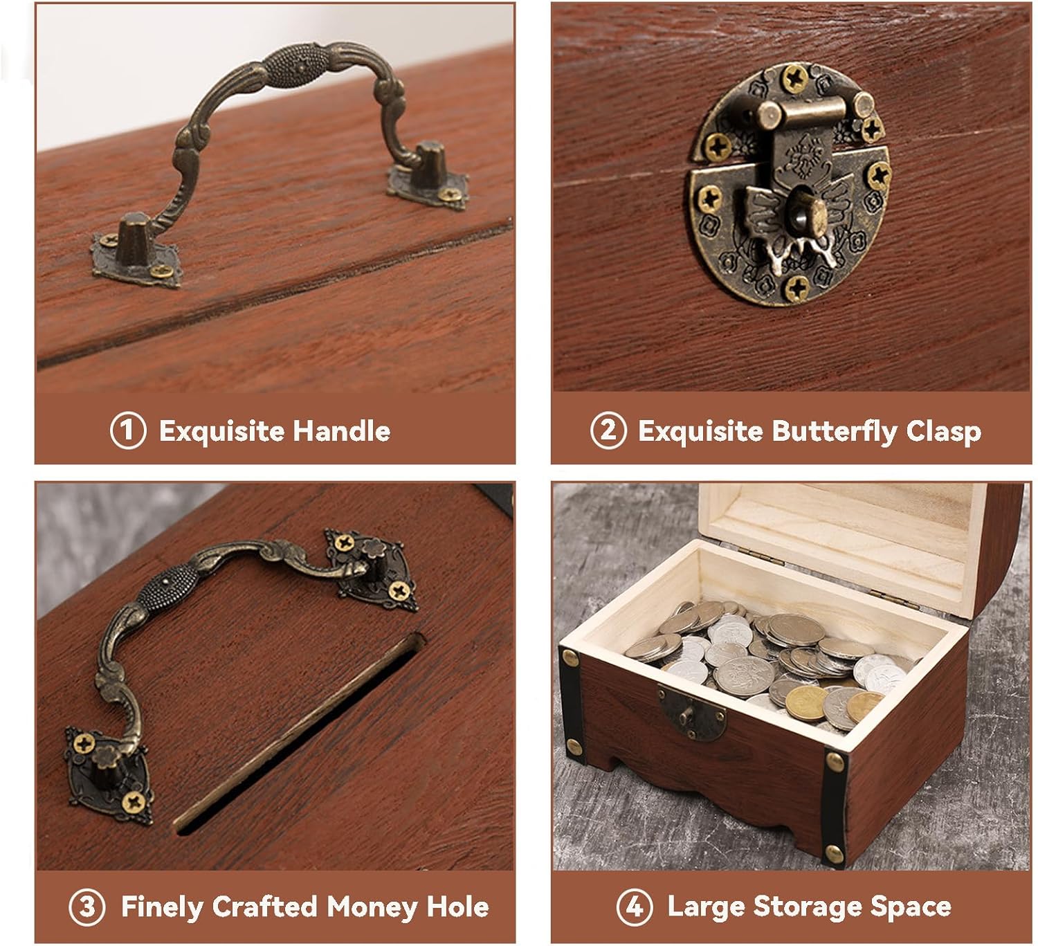 Alcancía de madera, banco de ahorro de dinero, caja de dinero segura con cerradura tallada de madera, caja de madera creativa vintage, caja de