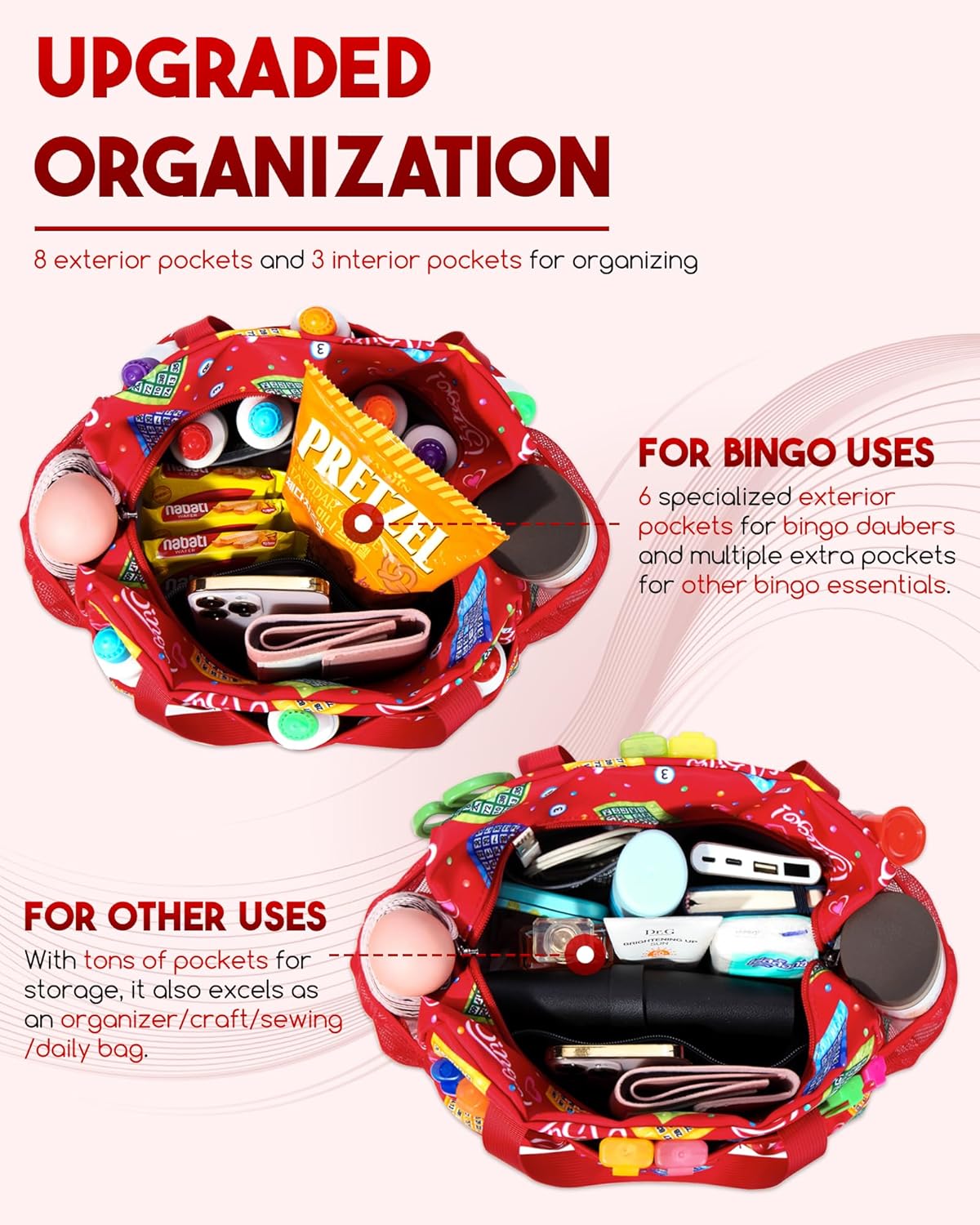 Bolsa de bingo roja para juegos de bingo, suministros de bingo Daubers para adultos, regalos para amantes del bingo del casino, jugadores,