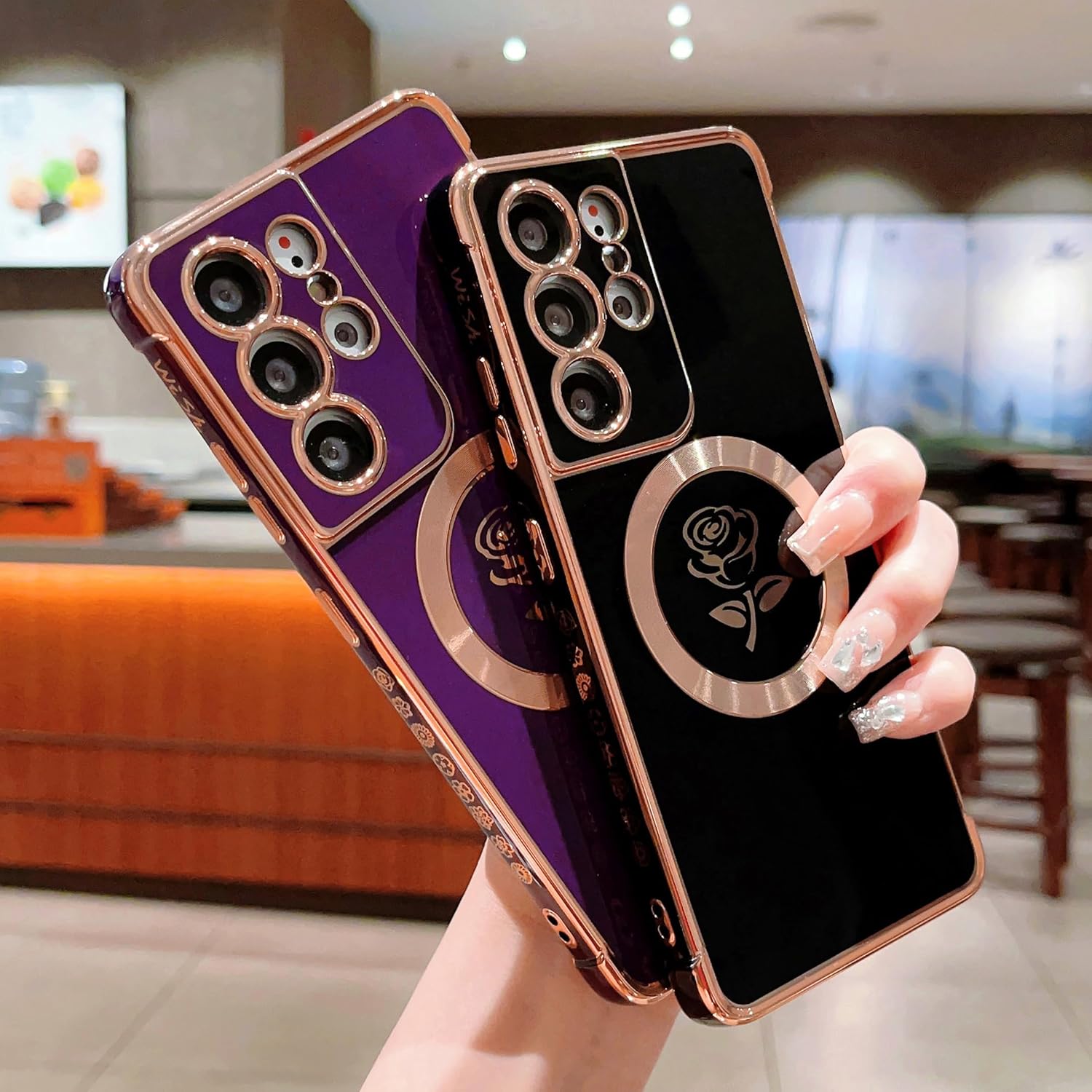 XAYAH Funda ultra magnética para teléfono Samsung Galaxy S21 compatible con MagSafe, bonita funda de flor de rosa para mujer, cubierta de silicona