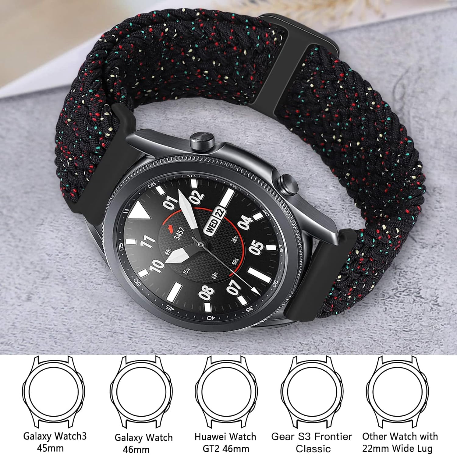 Correa de nailon trenzada Solo Loop de 0.866in, compatible con Samsung Galaxy Watch Gear S31.811in, correa elástica de repuesto para mujeres y