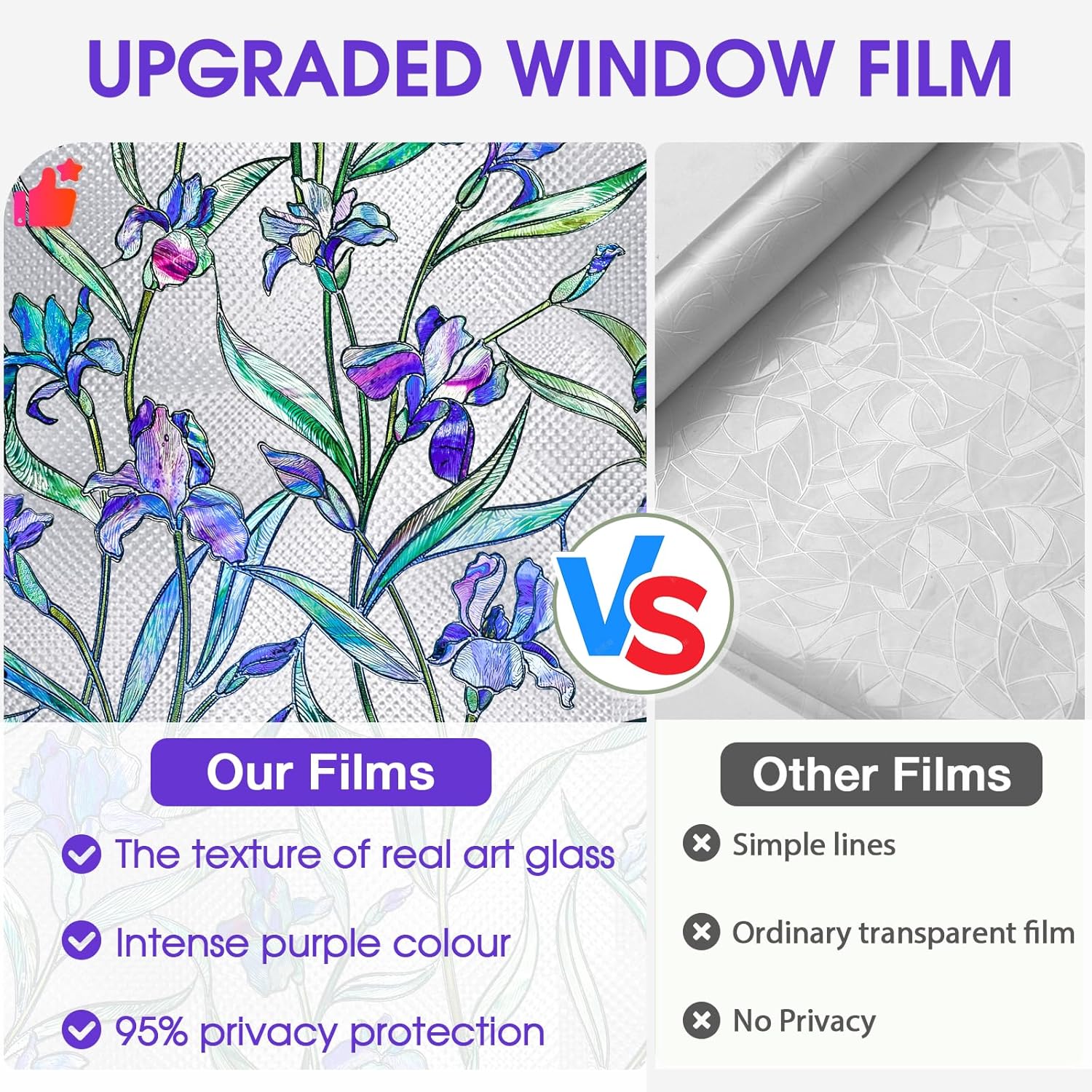 Coavas Película de privacidad para ventana, 3D, diseño floral, violeta, vitral, se adhiere a la estática, calcomanías esmeriladas para baño,