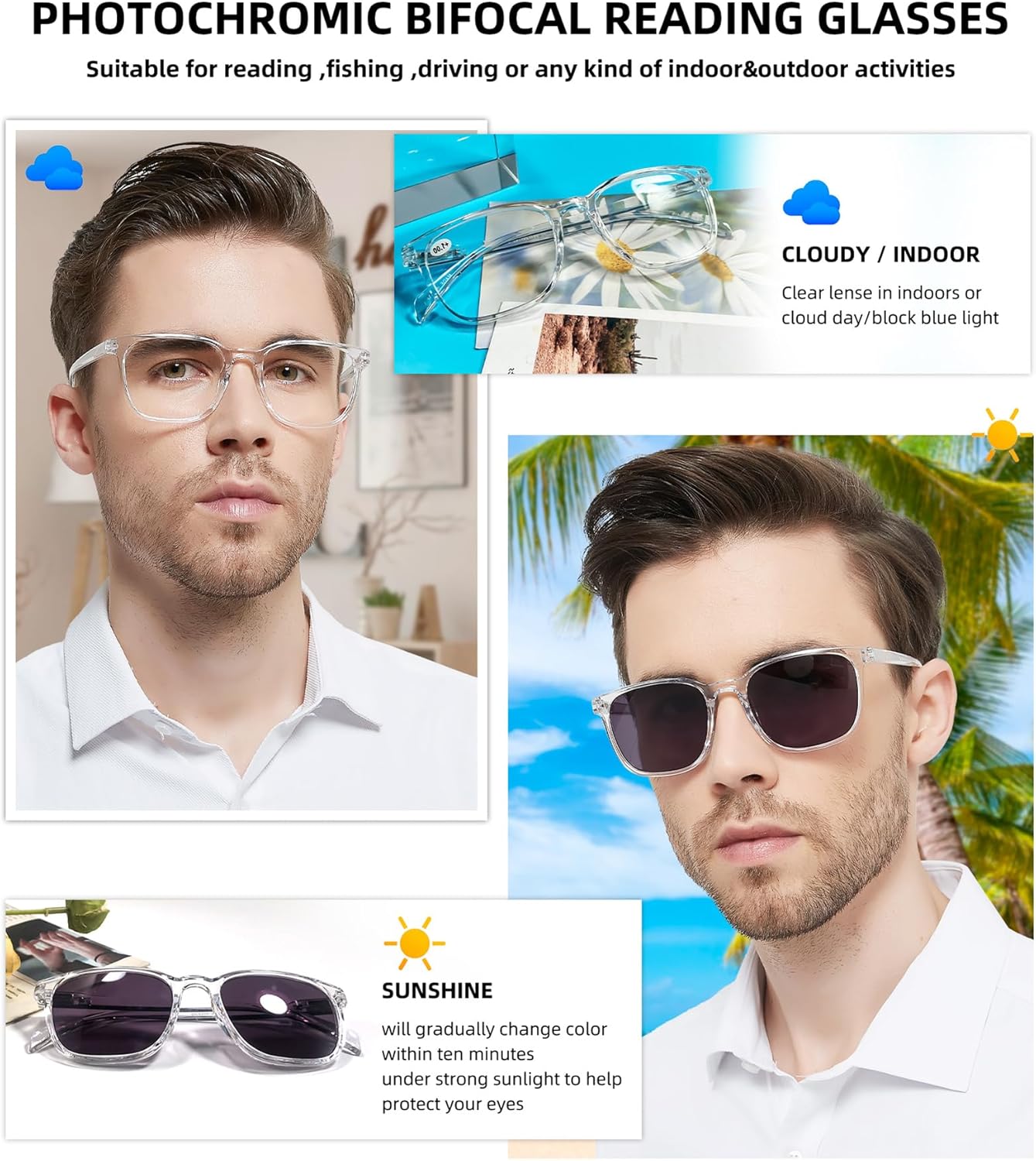 OCCI CHIARI Gafas de lectura bifocales fotocrómicas para hombres,Lectores de gafas de sol de protección UV de amplia transición