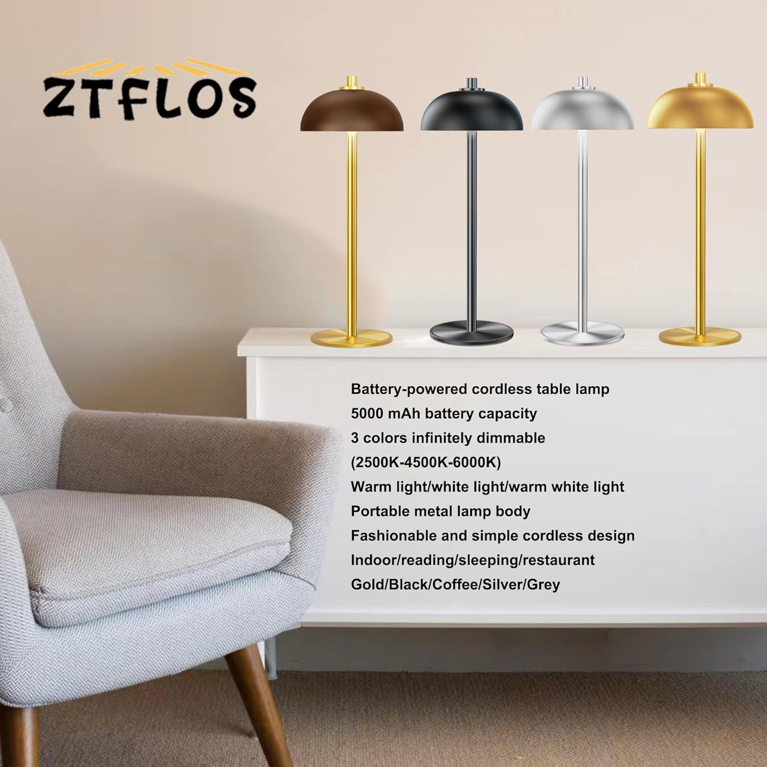 Lámpara LED inalámbrica, lámpara de mesa de batería recargable, USB One Touch de 3 velocidades con atenuación continua, lámpara de mesa portátil