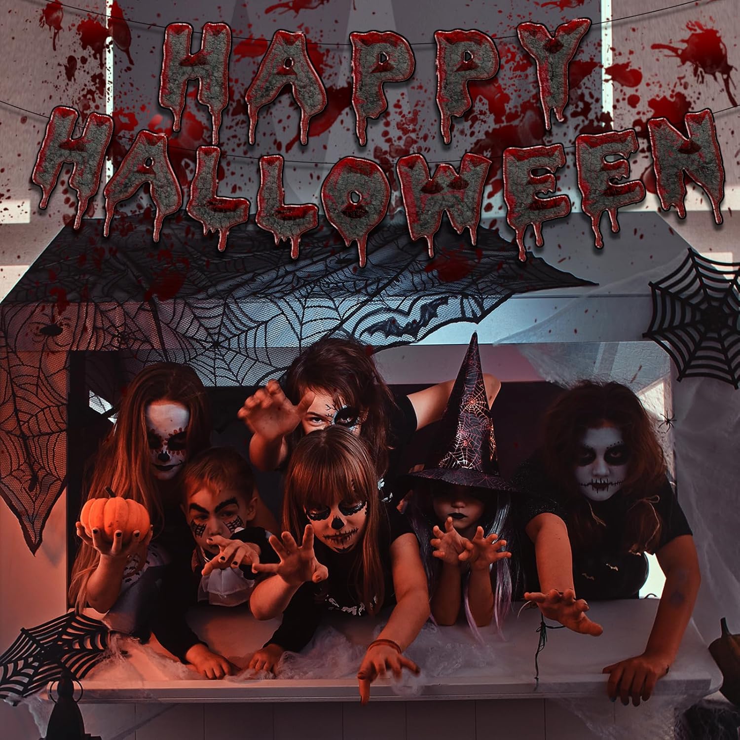 Cartel de Feliz Halloween, decoraciones de fiesta de Halloween, decoraciones de fiesta de terror de Halloween, guirnalda de gotas de sangre roja,