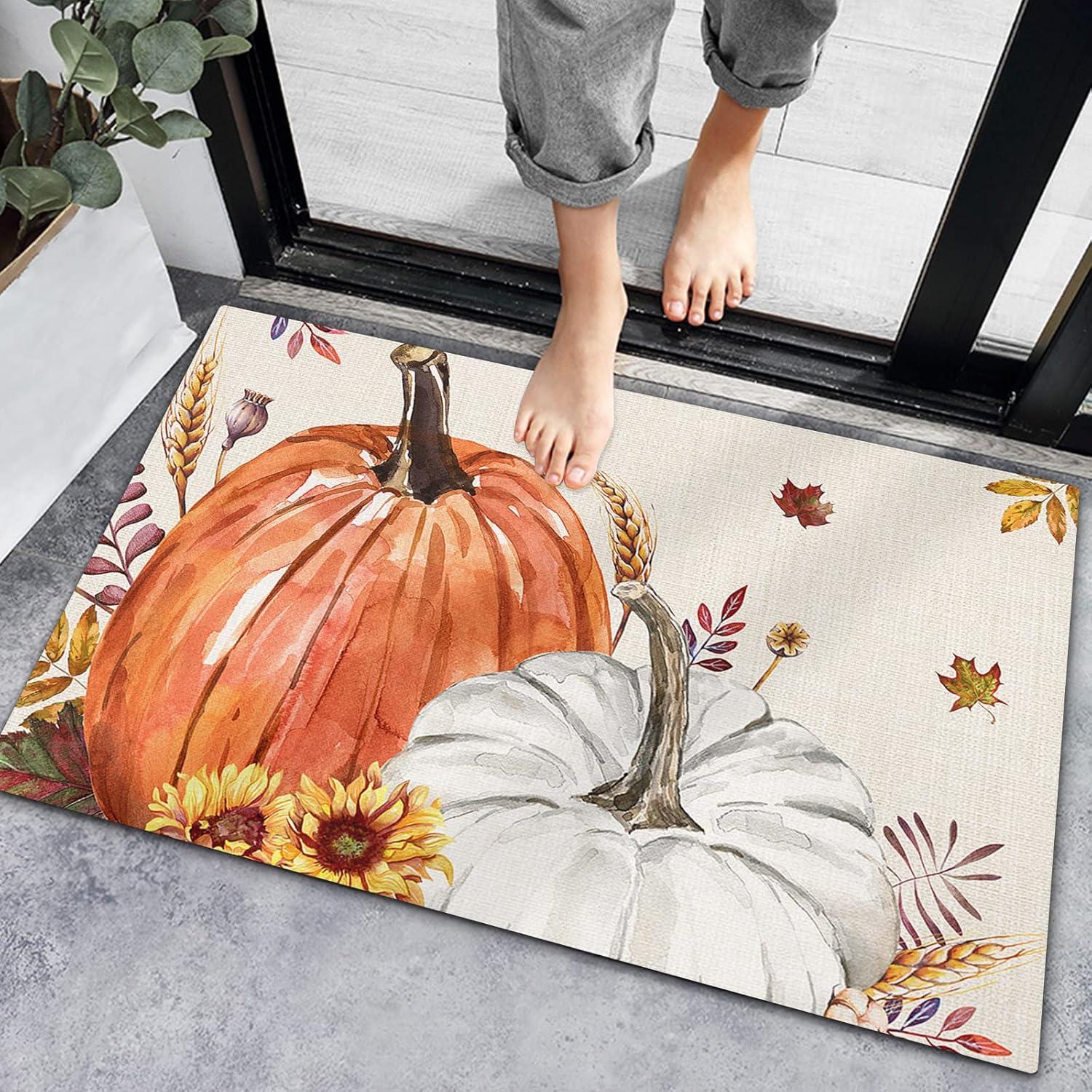 Bath Mat Non-Slip Indoor Doormats, Bath Rugs Fall Pumpkin Sunflower,Low-Profile Mats Kitchen Carpets for Home Bedroom Entrance Decor Maple Leaves