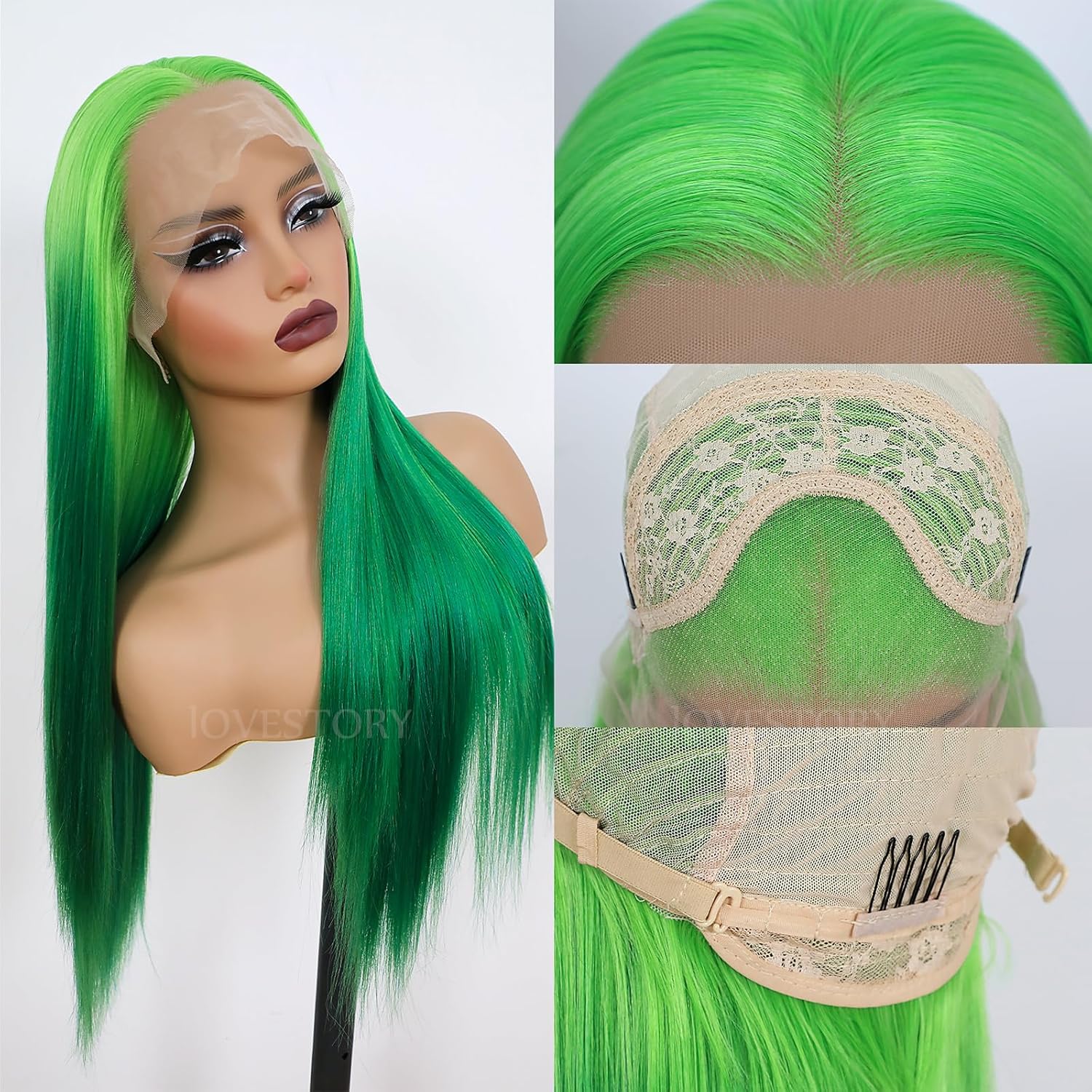 LoveStory Pelucas de encaje frontal de color verde, pelucas largas y lacias, sin pegamento, color verde degradado, peluca resistente al calor,