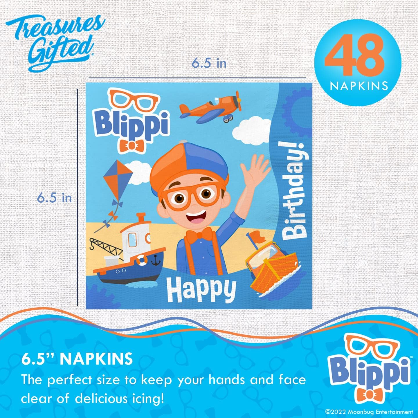 Treasures Gifted Suministros de fiesta de cumpleaños con licencia oficial de Blippi, paquete de 48 servilletas Blippi, suministros para fiesta de