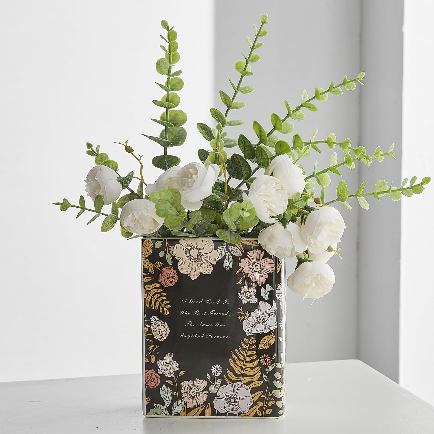 Florero de cerámica negra para decoración del hogar, jarrón único con forma de libro, jarrón decorativo estético para centro de mesa, mesa, sala de