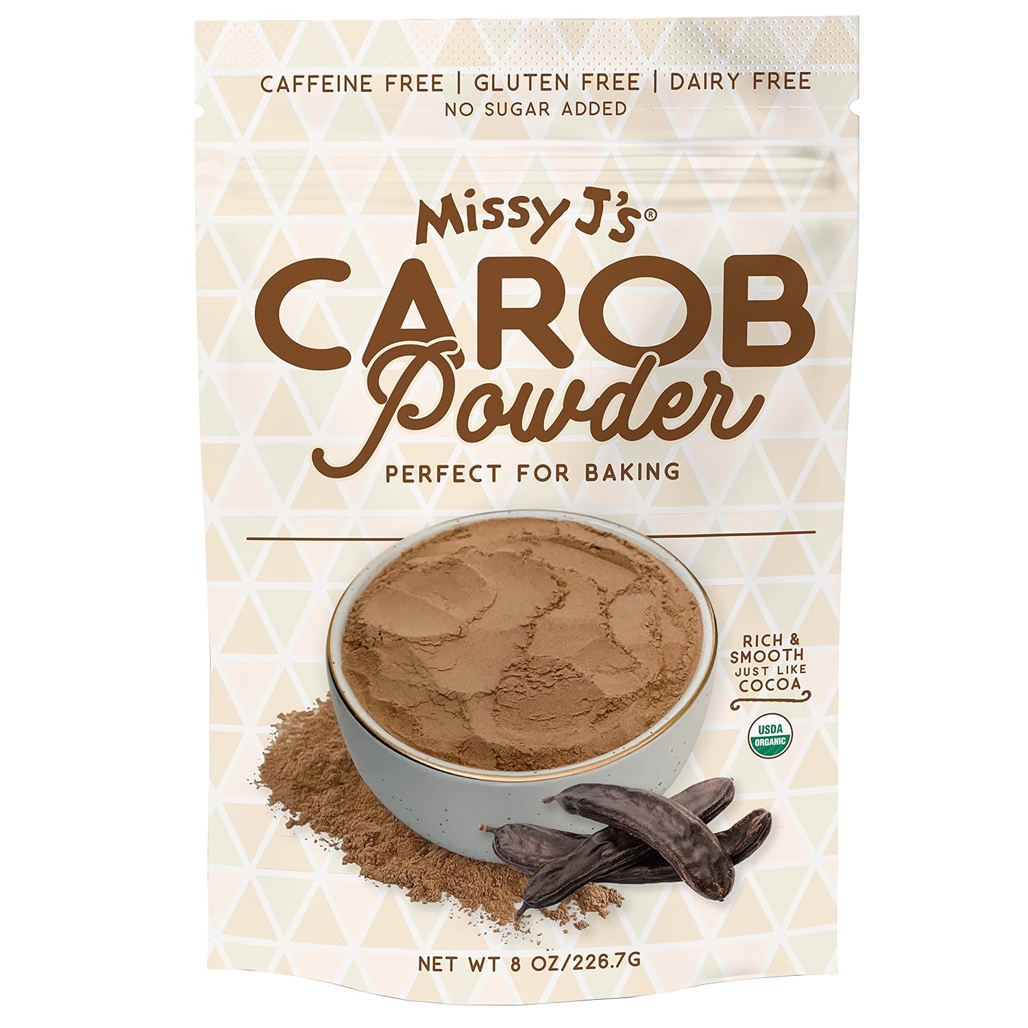Missy Js – Polvo de algarrobo tostado orgánico de 8 onzas, 1 paquete, hecho de algarroba, vegano y sin gluten, sustituto saludable sin cafeína para