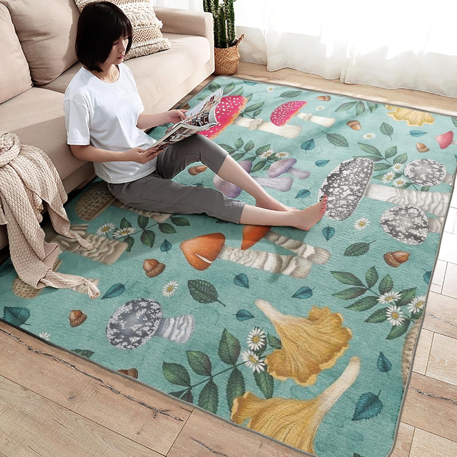 Alfombra de hongos de 2 x 3 pies, alfombra botánica de hongos para entrada, sala de estar, dormitorio, alfombra de guardería, decoración de