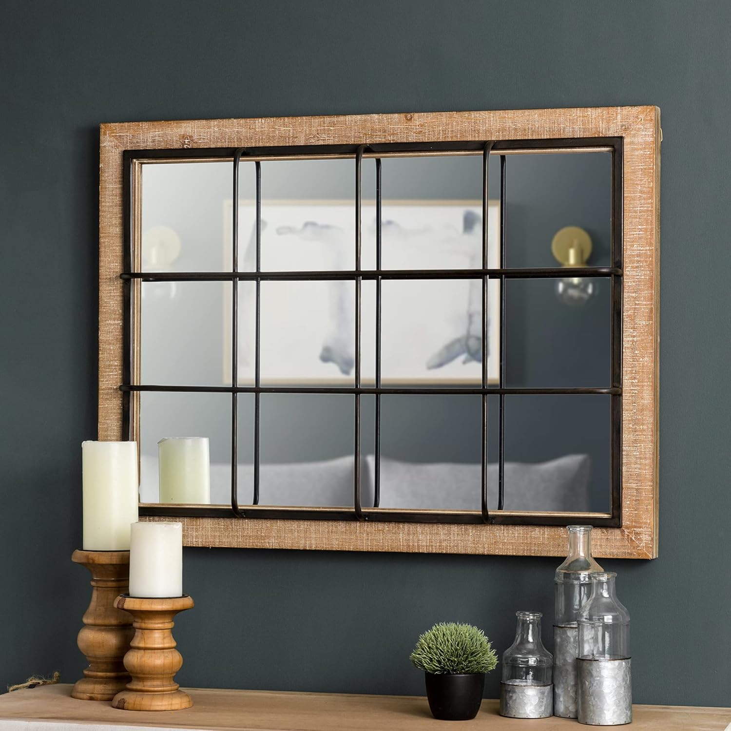 Glitzhome Espejo de pared para ventana, 24 x 32 pulgadas, espejo de pared decorativo de granja, rectangular colgante de madera y marco de metal,