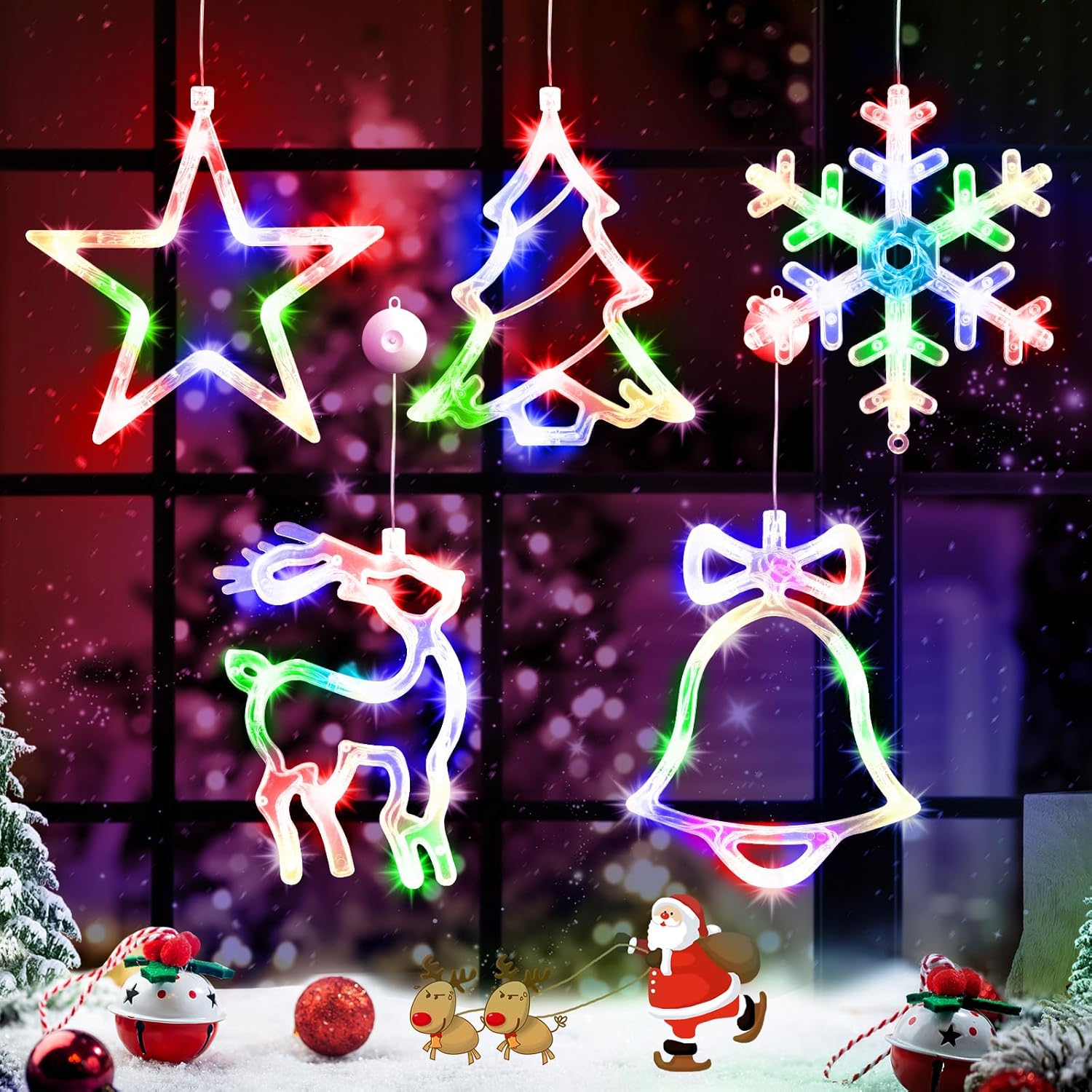 Brightown 5 piezas de decoración de ventana de Navidad iluminadas, campana, árbol, reno, copo de nieve, estrella, funciona con pilas con gancho de