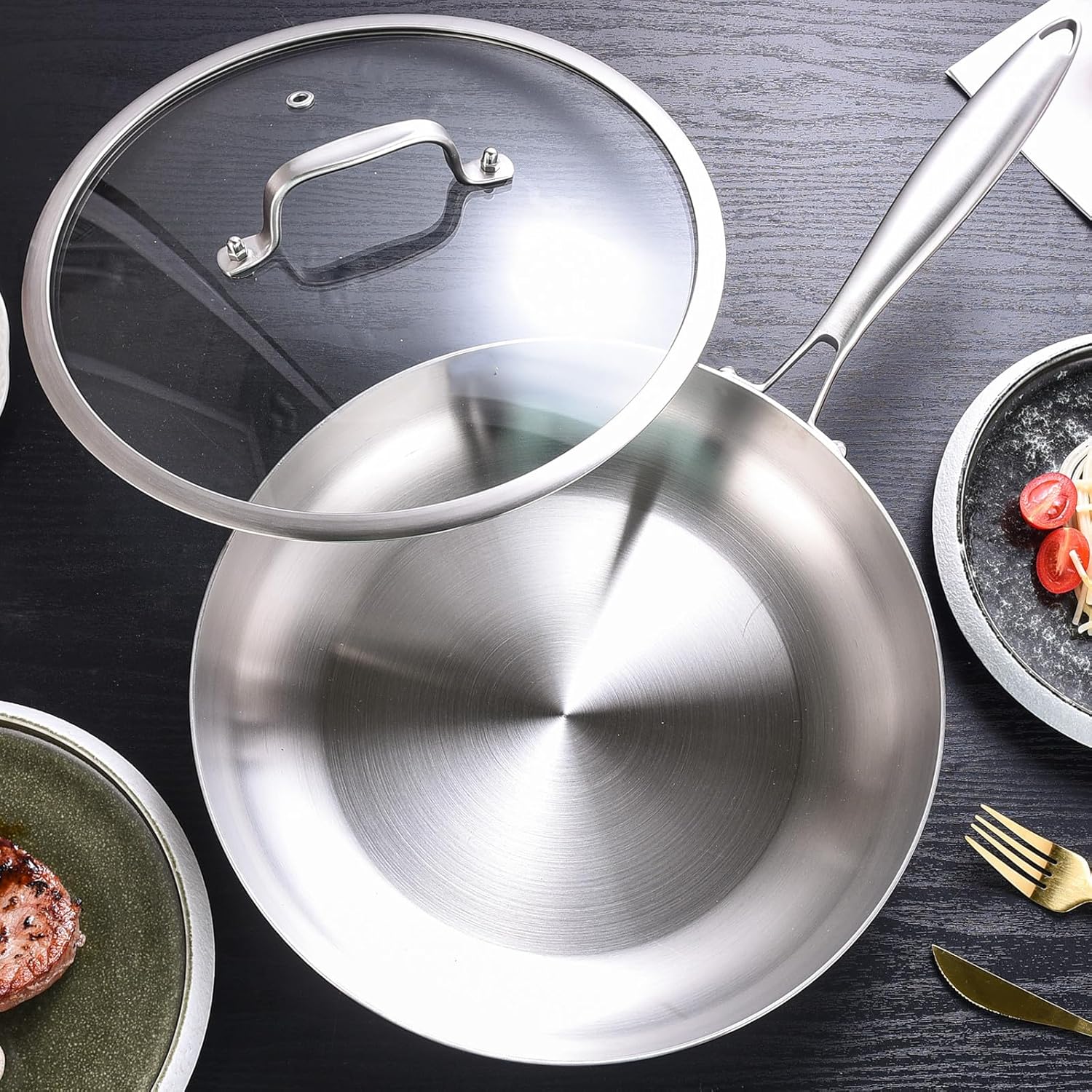 Sartén de chef de acero inoxidable de tres capas de 10 a 12 pulgadas, juego de sartenes con tapas, sartenes, utensilios de cocina de inducción,