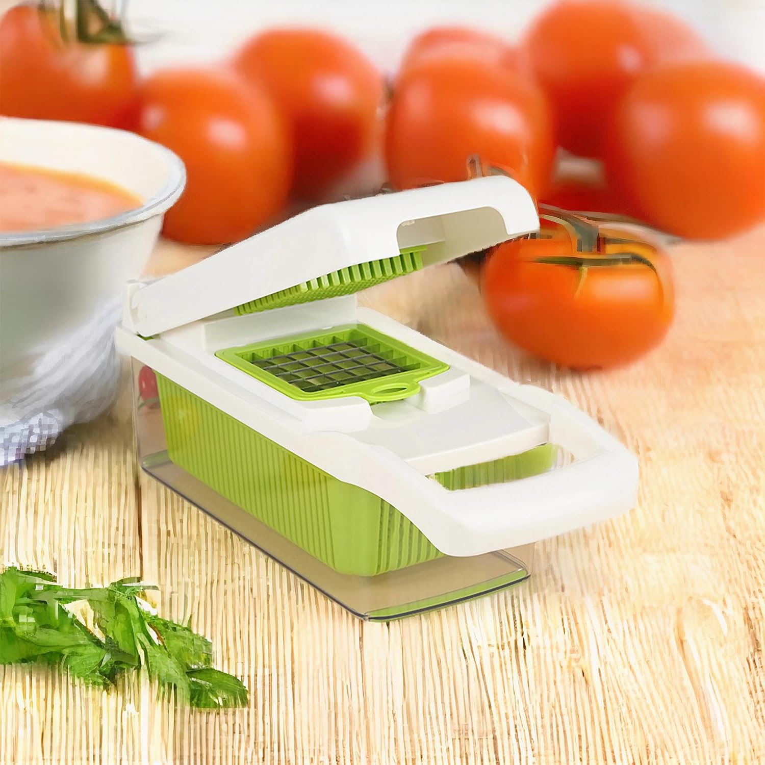 Cortador de verduras definitivo picador multifuncional 14 en 1 con recipiente, rebanar, cortar en dados, espiralizar y rallar para una fácil
