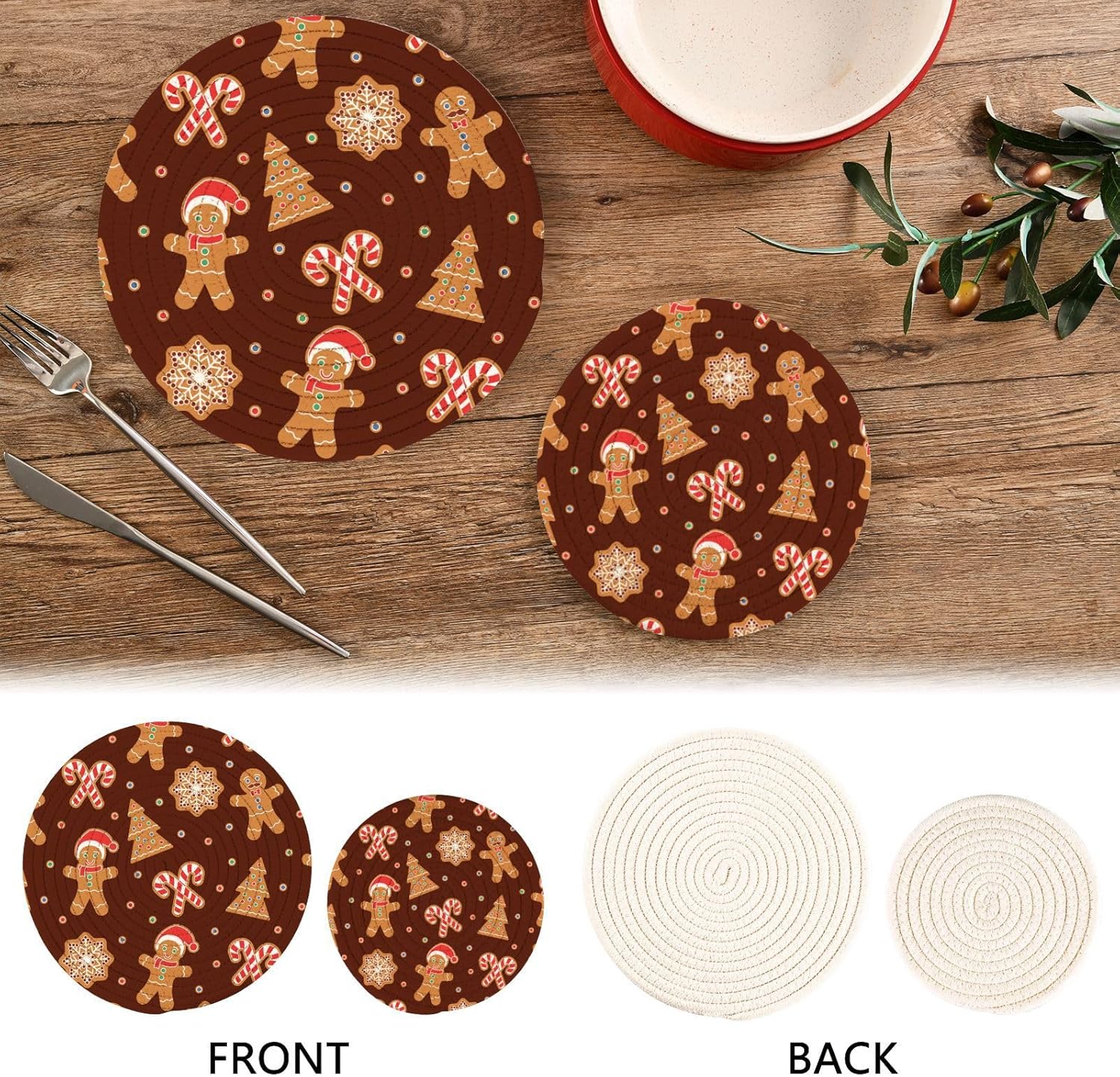 Salvamanteles de Navidad para pan de jengibre marrón, 2 piezas resistentes al calor para platos calientes, bastón de caramelo, galletas de Navidad,