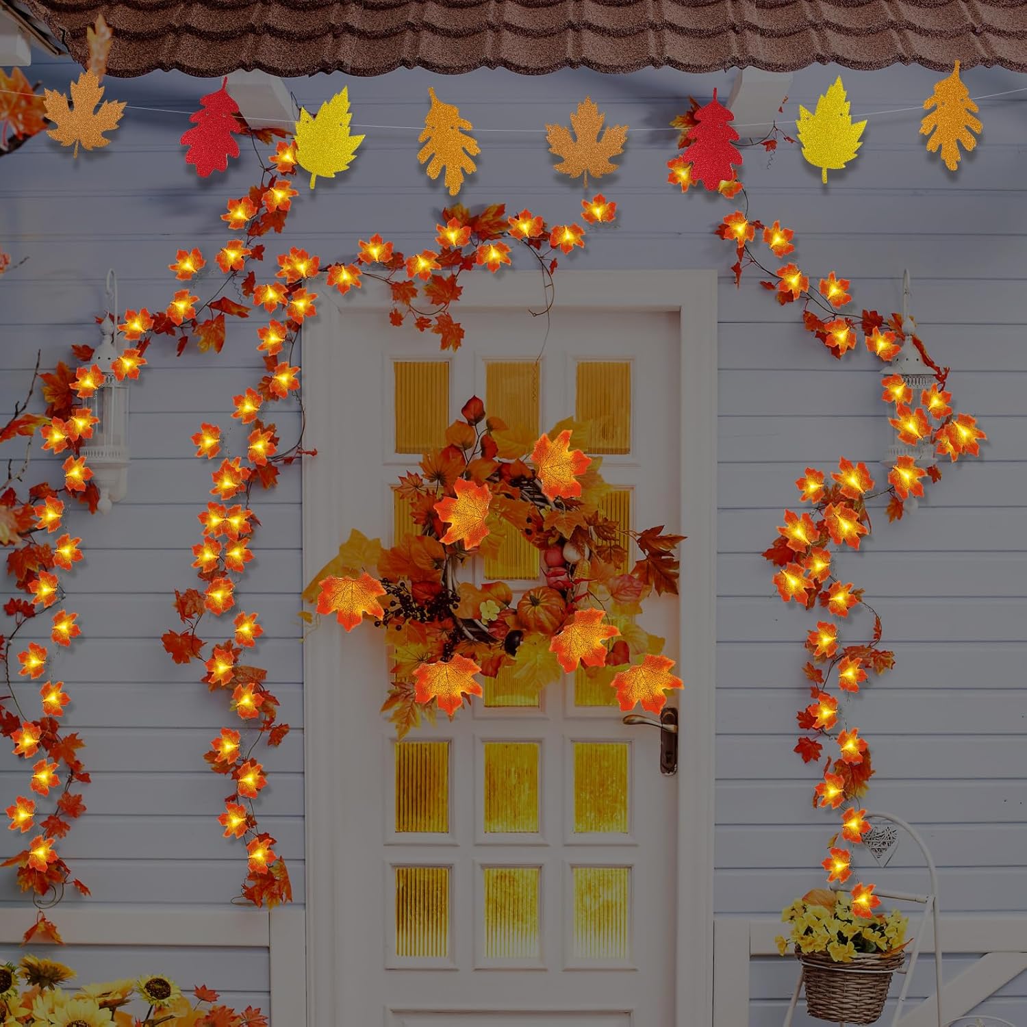 Decoraciones de otoño, guirnalda de oropel con purpurina de 33 pies y 40 luces LED de hojas de arce, hojas de arce artificiales para bodas,