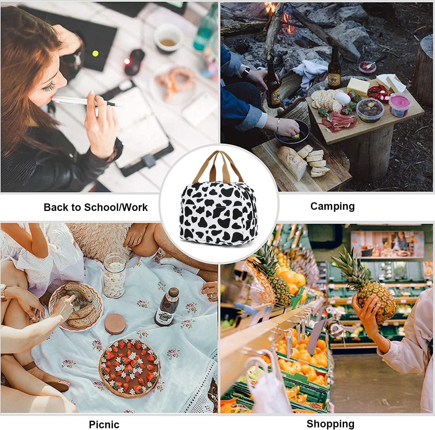 Bolsa de almuerzo con estampado de vaca para mujeres y niñas, bolsas de picnic reutilizables con aislamiento para adultos y niños, trabajo, escuela,